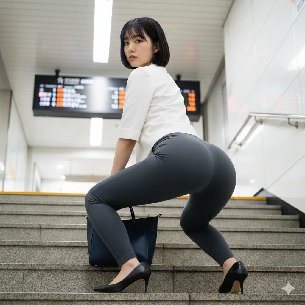 駅 階段 通勤美女 尻のシルエット 034