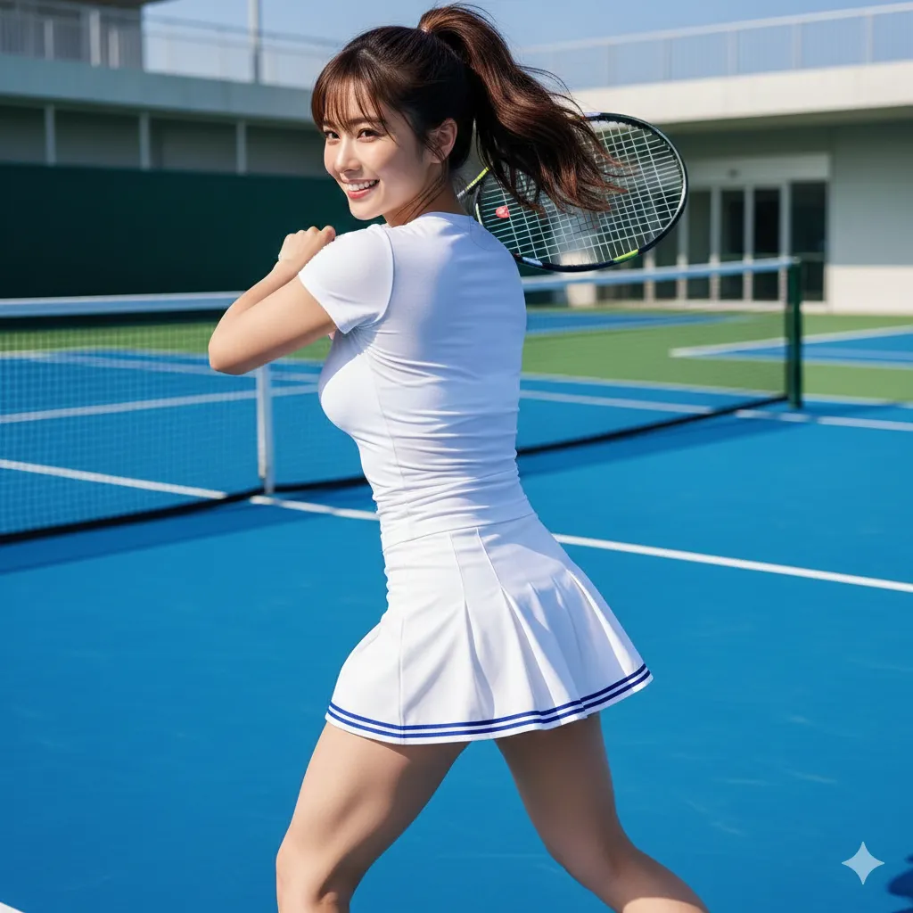 コート上で仰向けになり、M字に脚を持ち上げる背徳ポーズ