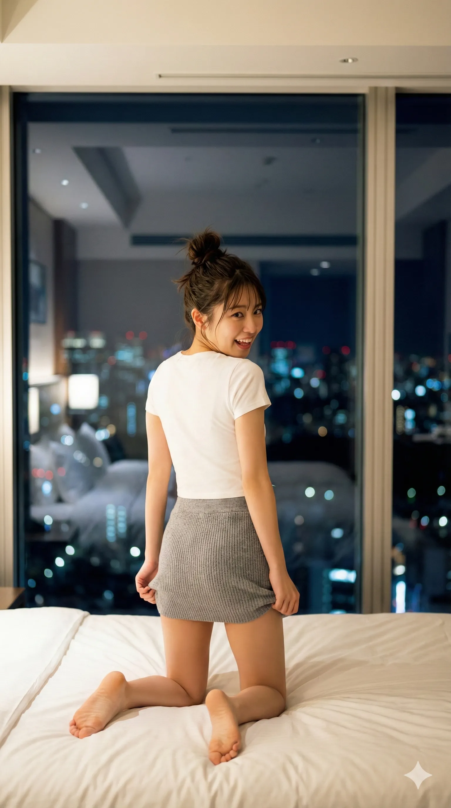 ベッドの上で膝立ちするミニスカ美女の尻フェチショット