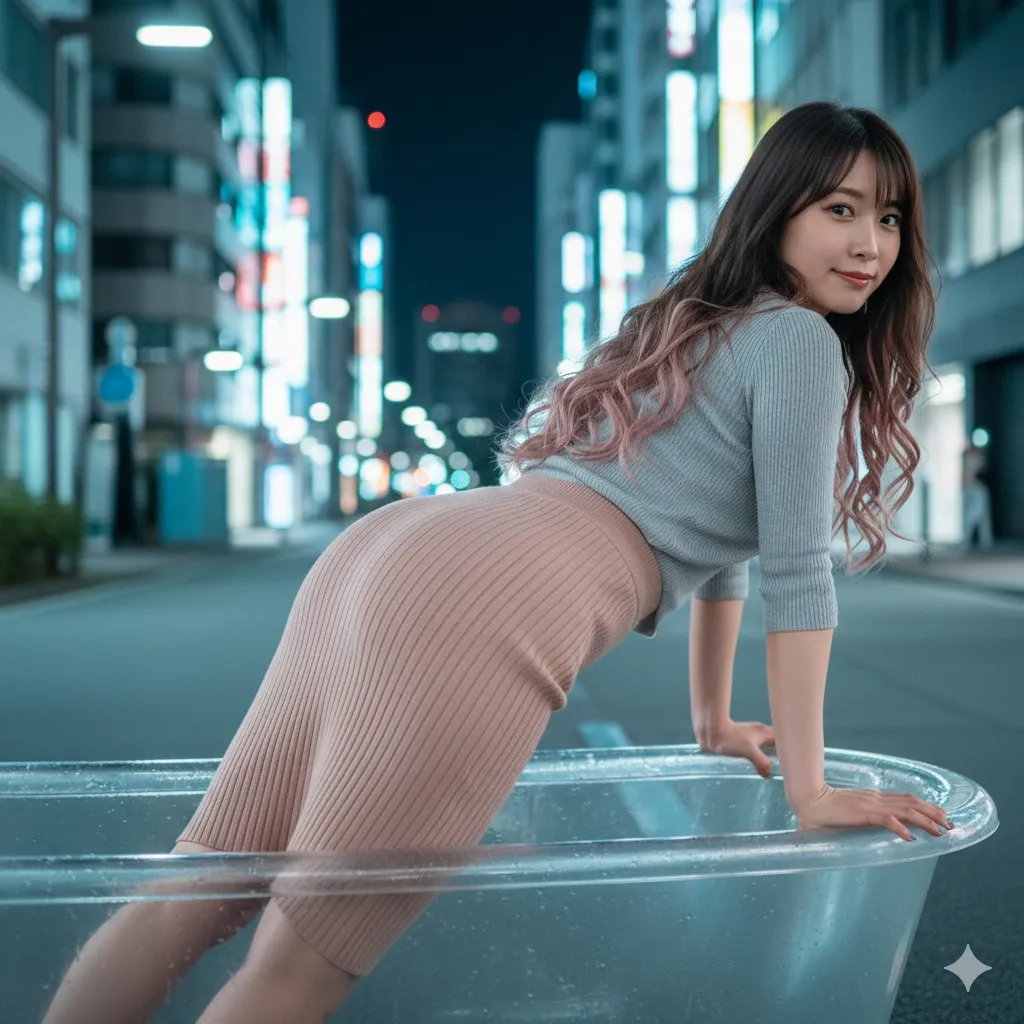夜の東京で四つん這い 透明浴槽 タイトニットヒップ グラビア 005