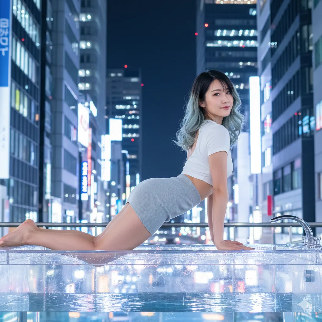 透明バスタブ 四つん這い女子 タイトニット尻 夜景フェチ画像 006