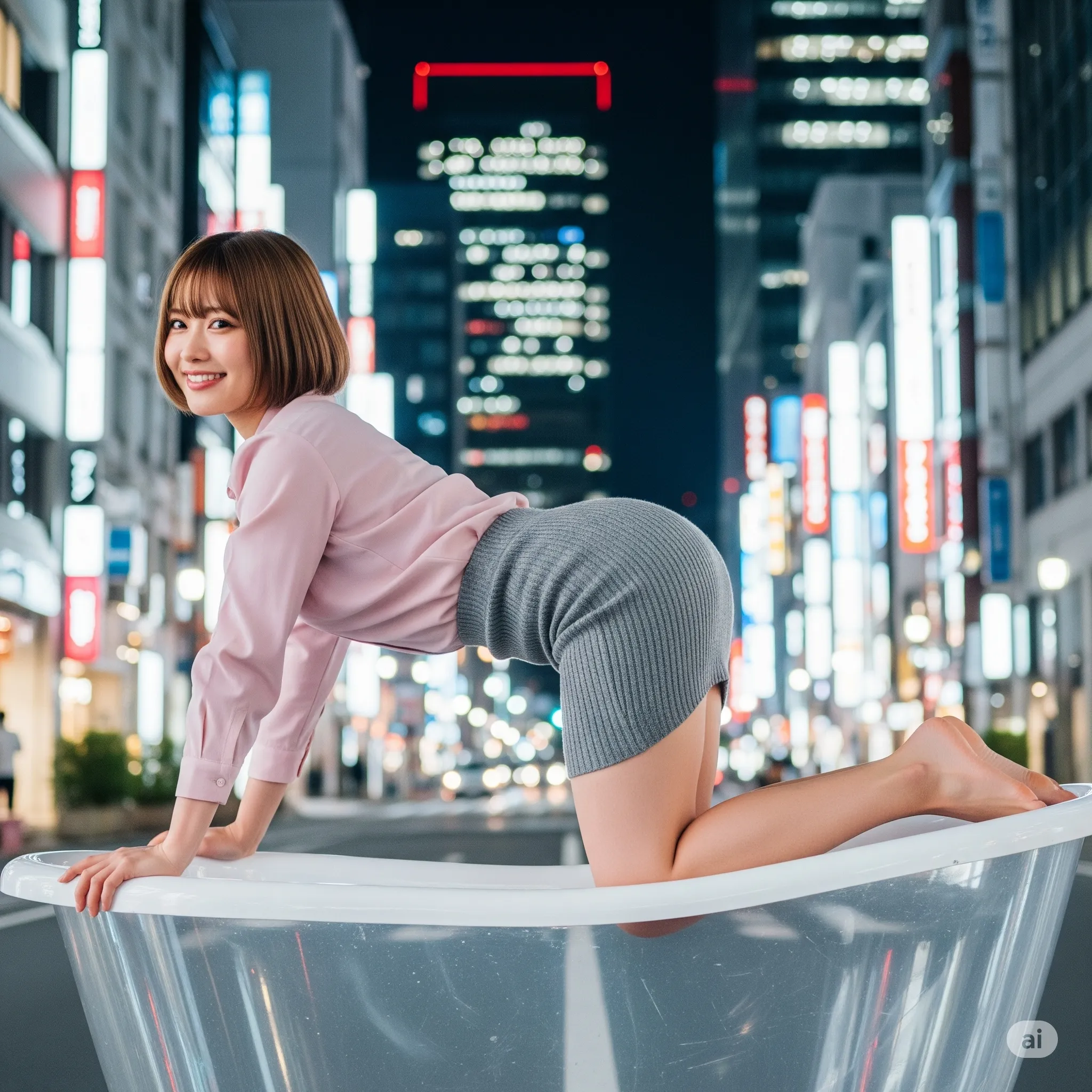 東京の街×四つん這い 透明バスタブの女 タイトニットヒップ 008