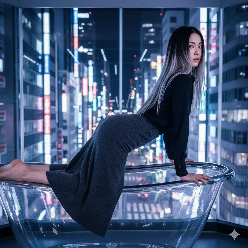 都会フェチ 透明バスタブで四つん這い タイトスカート尻強調 014