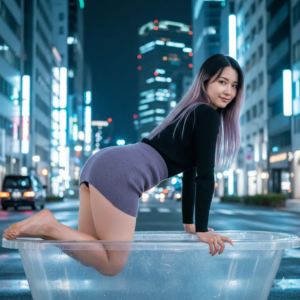 透明浴槽×タイトニット 四つん這い美女 夜の街エロ写真 017