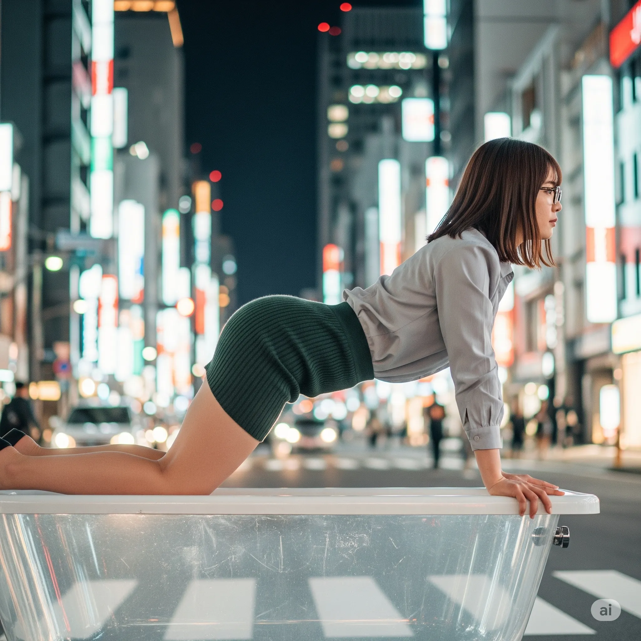 四つん這いポーズ タイトニット美尻 透明バスタブ 都会夜景 018