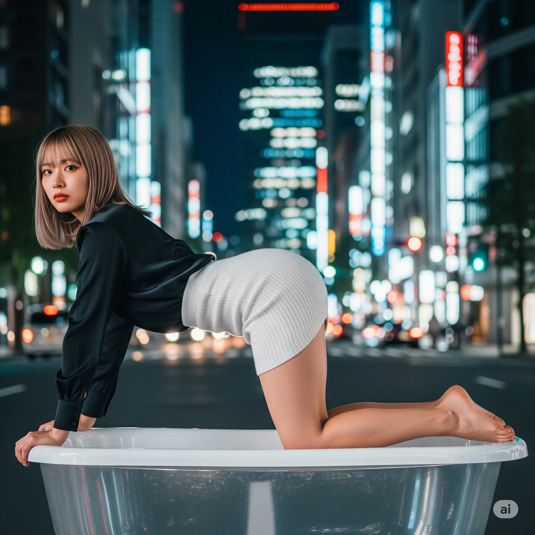 タイトニット女子 夜景四つん這い 透明バスタブ フェチ 025