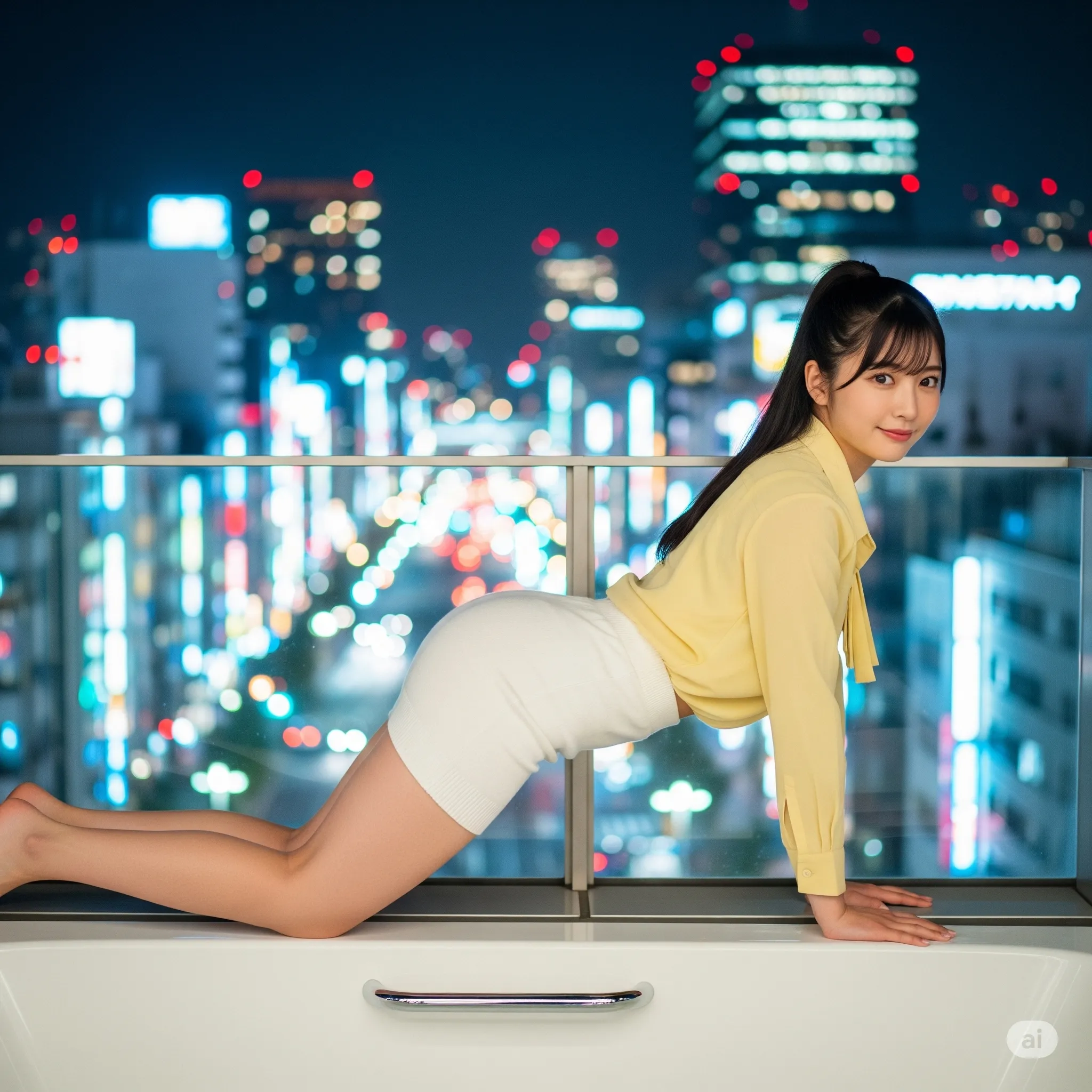 都会に浮かぶ透明バスタブ 四つん這いエロ尻 タイトスカート美女 029