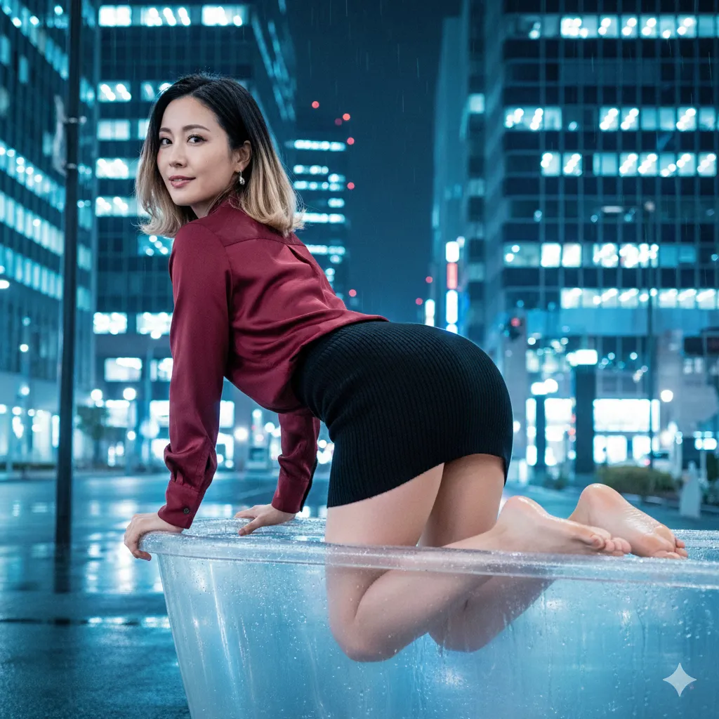 東京夜景×四つん這い タイトニットの女 美尻グラビア 037