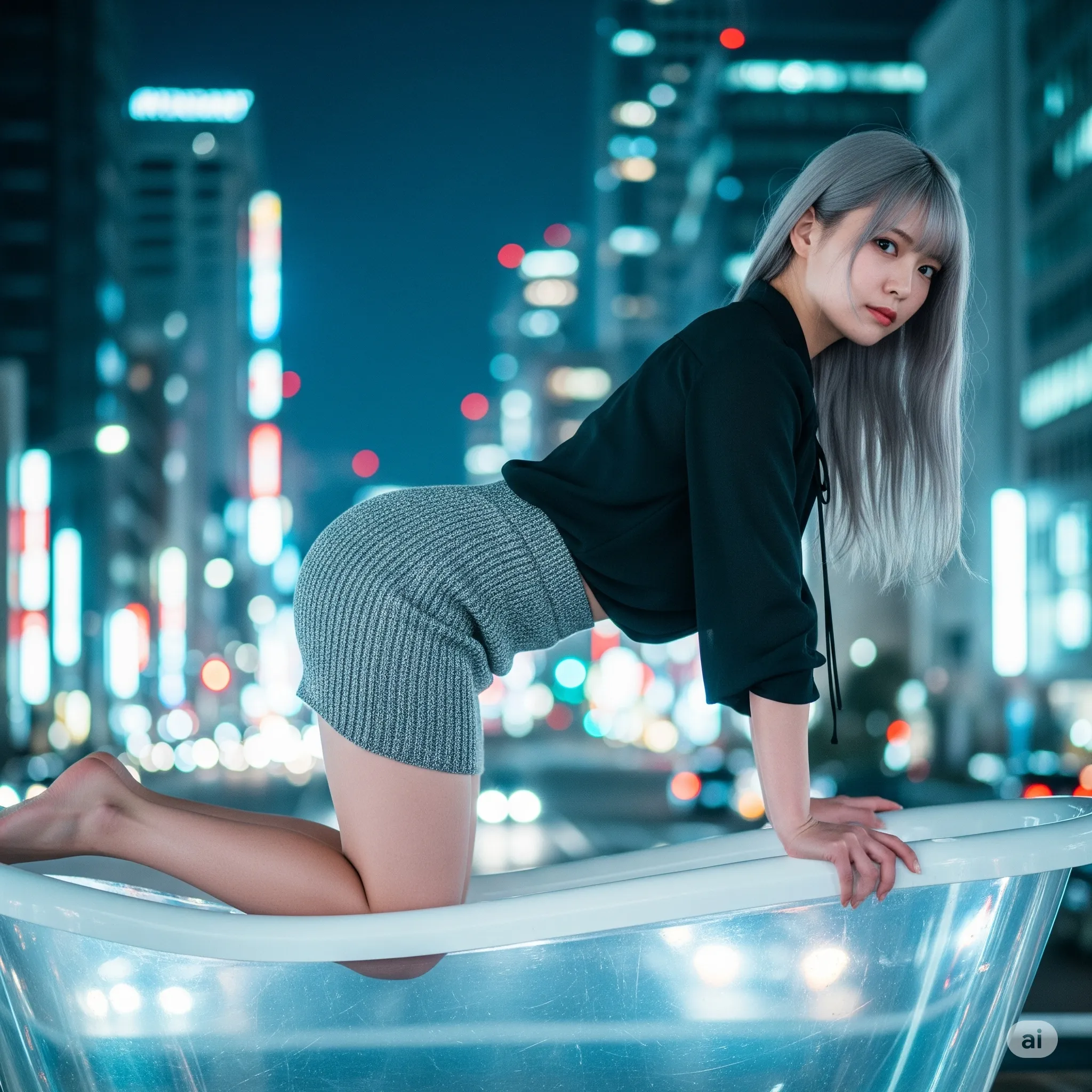 四つん這い美女 夜景タイトニット 尻が映える透明バスタブ 041