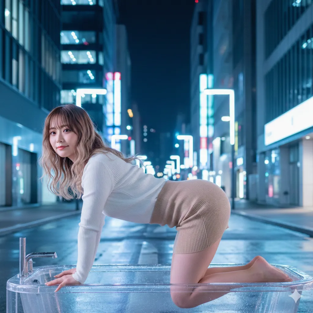 東京のビル街×四つん這い タイトニットヒップライン 042