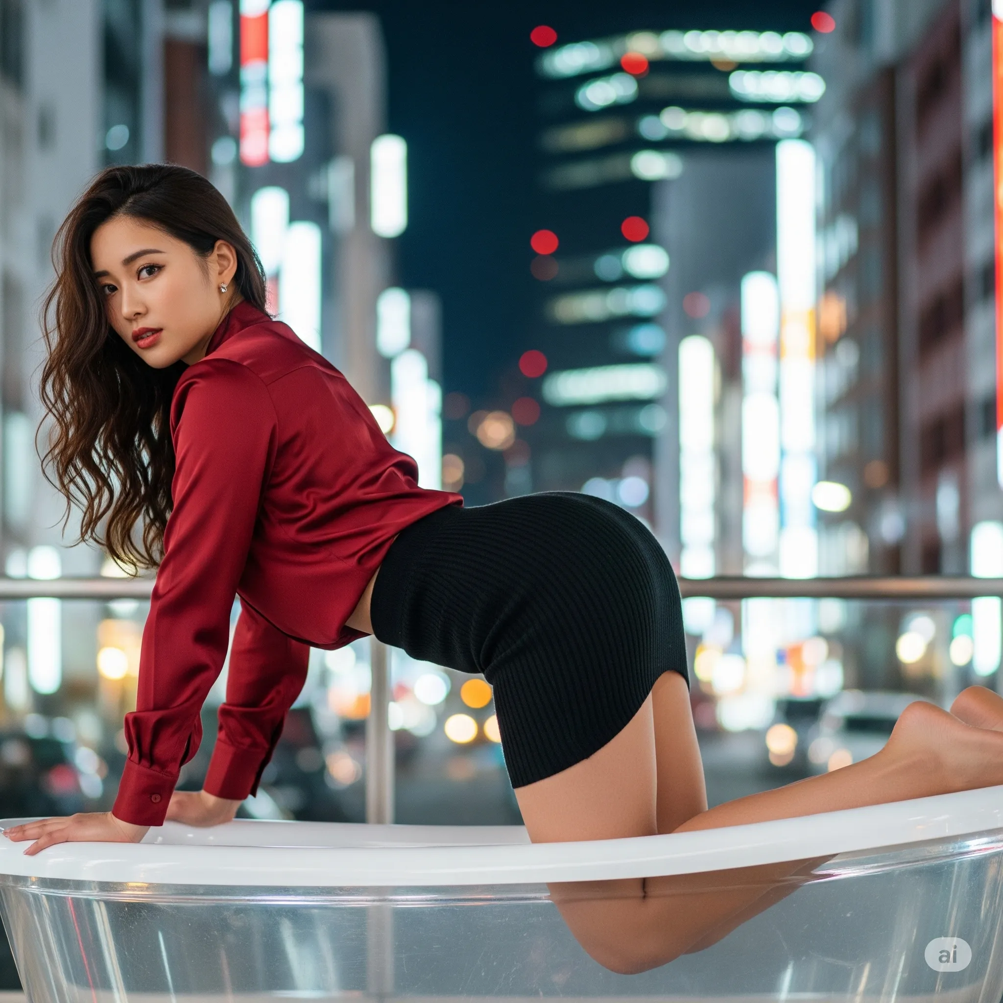 透明浴槽 夜景四つん這い タイトニット尻美女 043