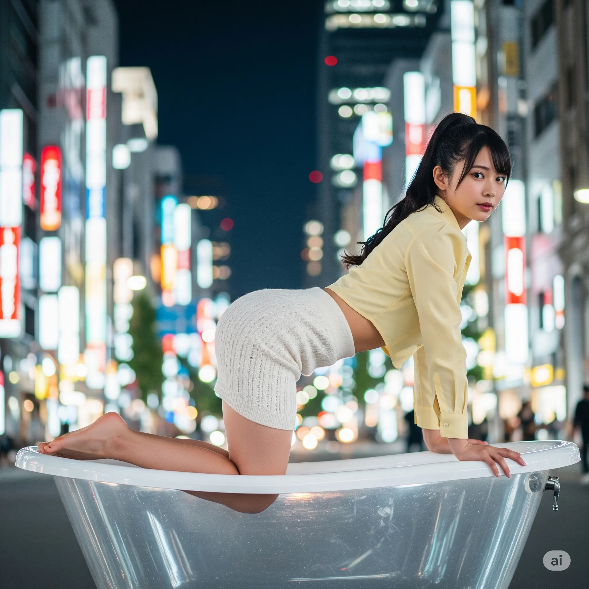 都会ビル群と四つん這い美女 タイトニットフェチ 047