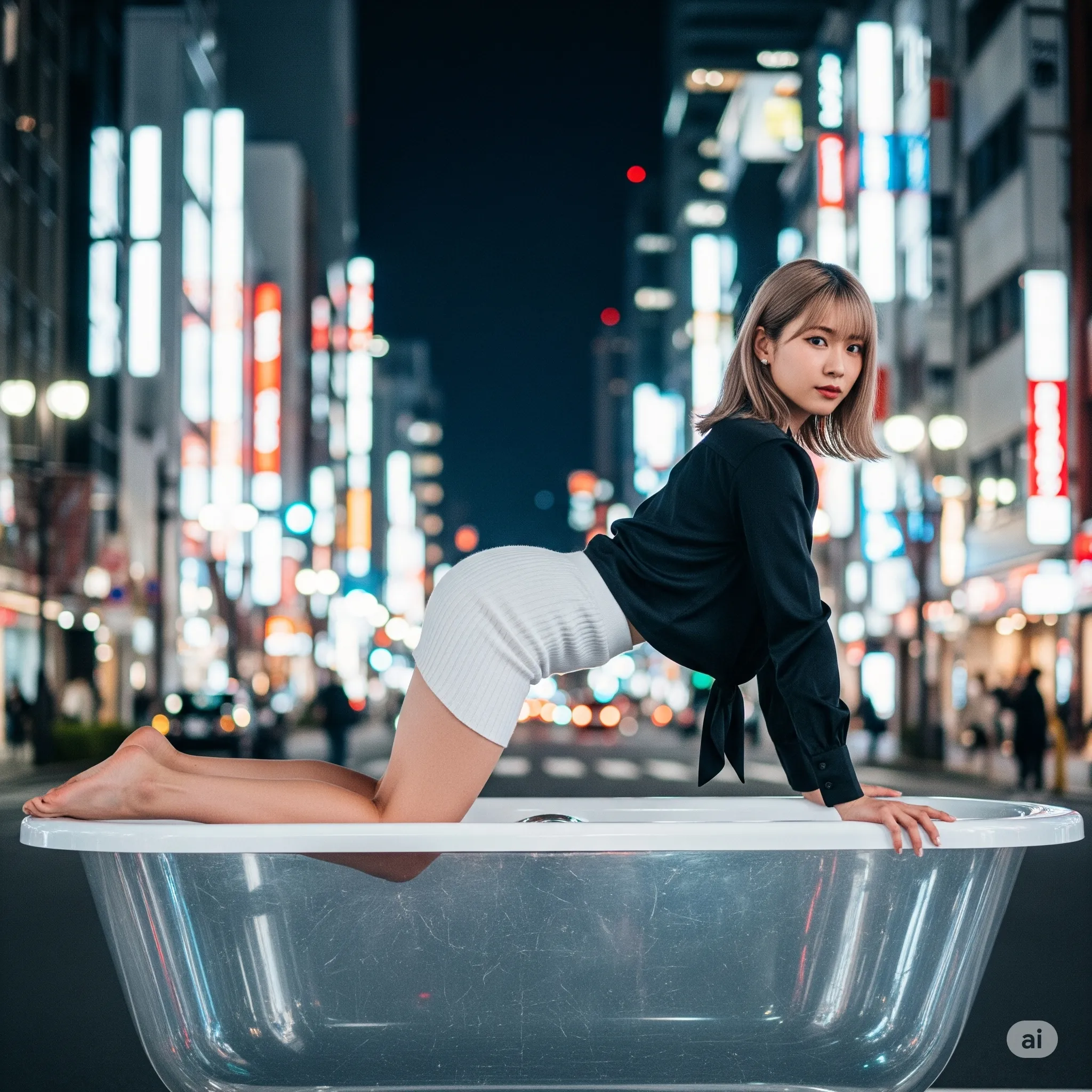 透明バスタブ撮影 四つん這いタイトニット尻 夜景グラビア 048