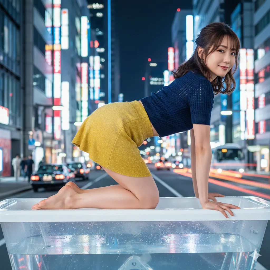 東京夜景タイトスカート 四つん這いフェチ美尻 透明浴槽 049