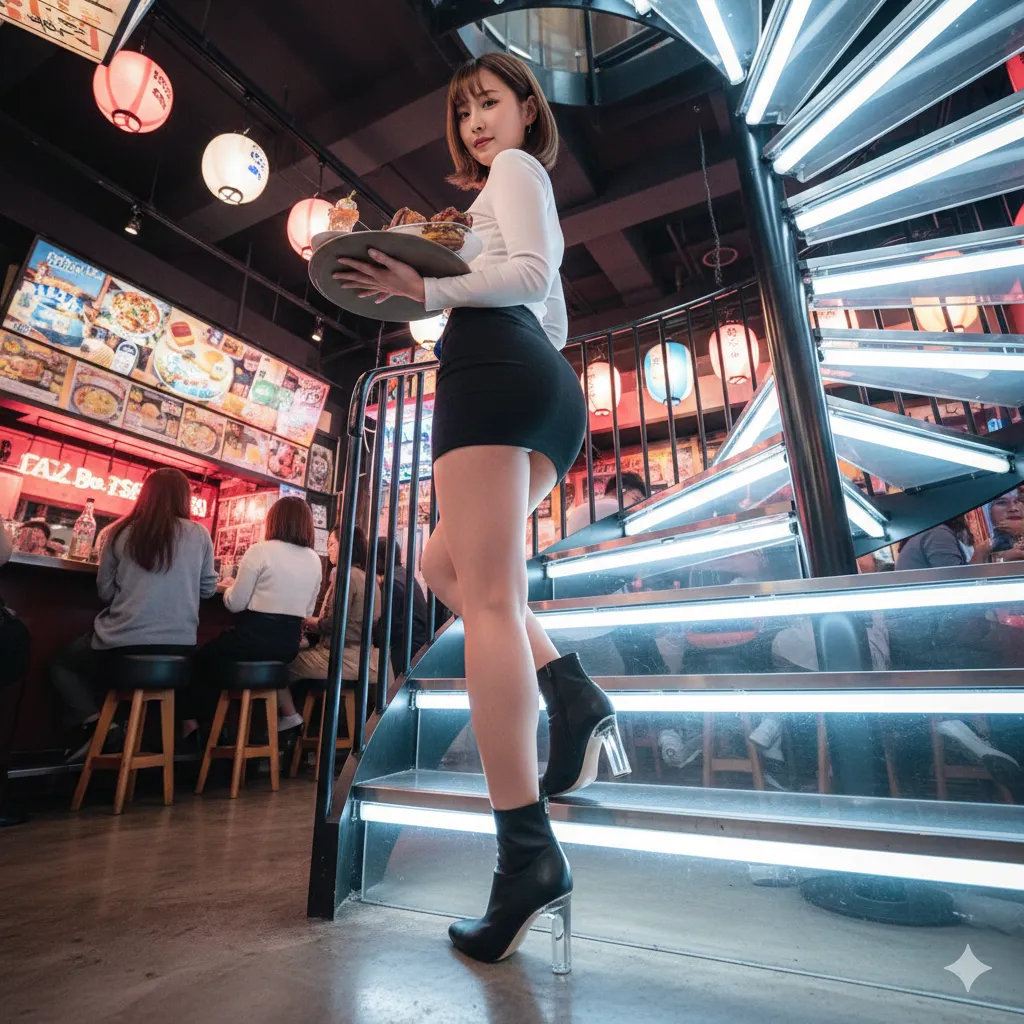 アクリル越しの生々しい肌感と、食い込む裾のリアリティ