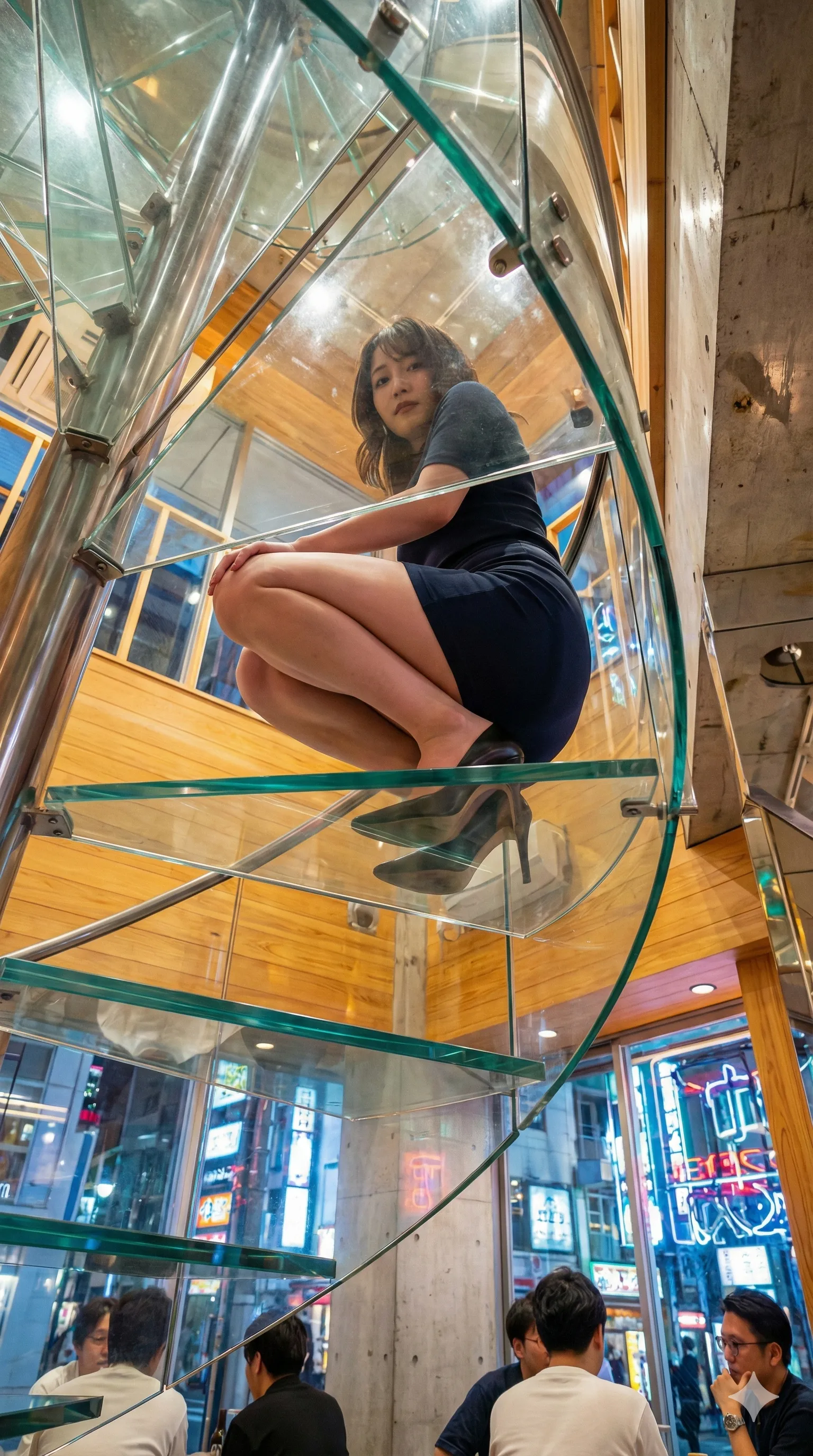 真下から仰ぎ見る、熟れた女性の尻出しバックショット