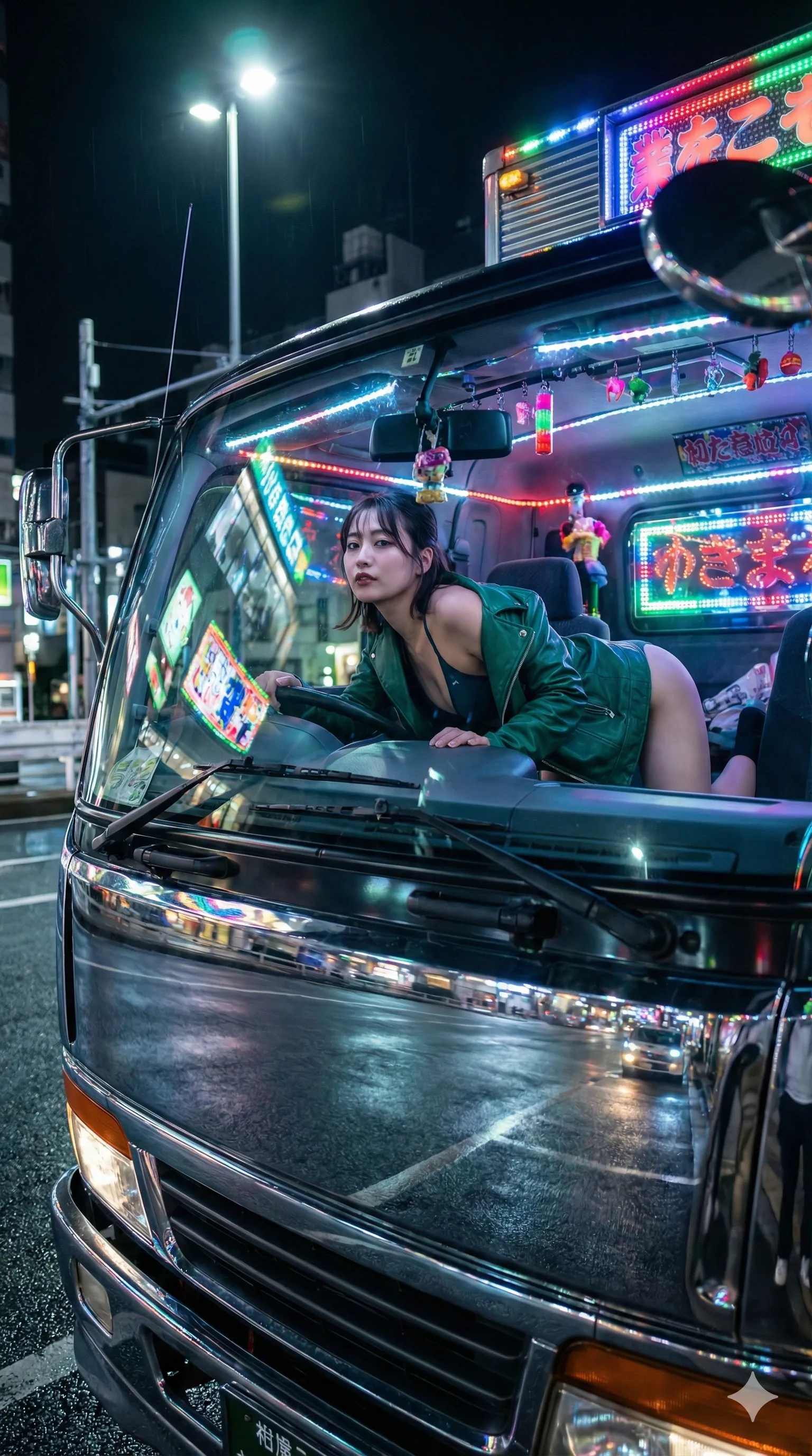 キャビン内で前屈みになり、最大限に強調されたヒップライン