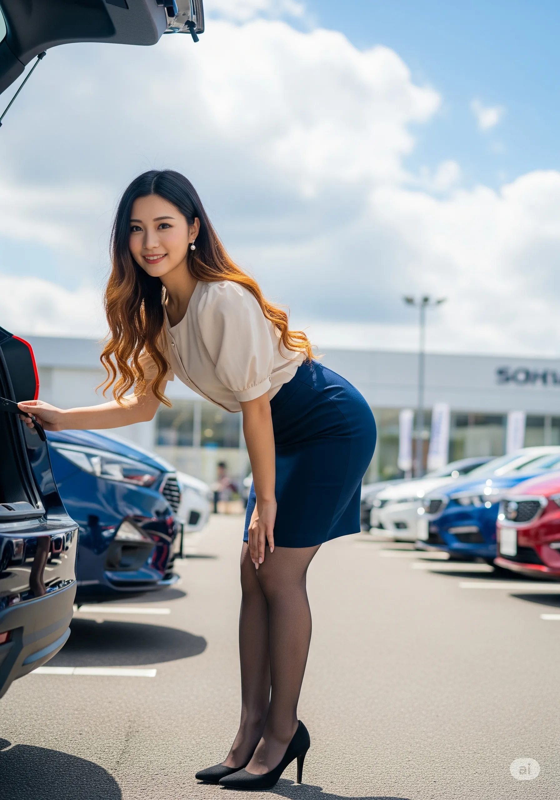 洗車作業中に前屈みになり、強調される肉感的な尻