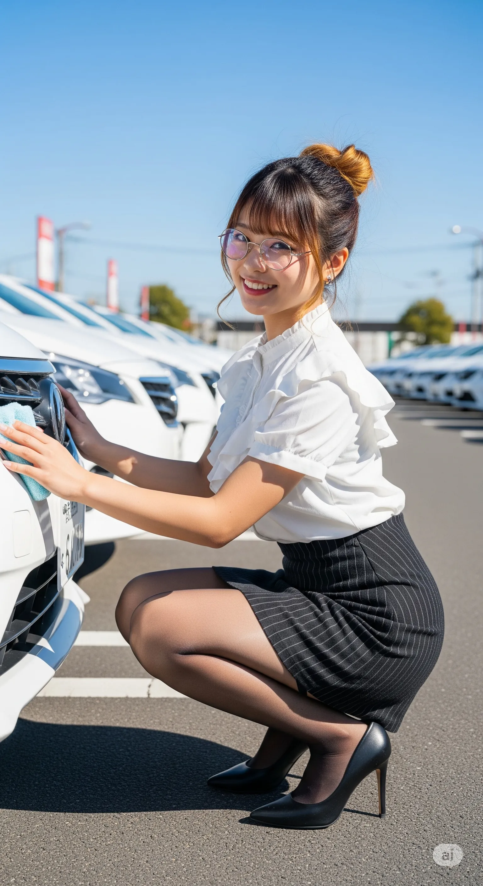 車両点検で見せる、プロフェッショナルな尻ポーズ