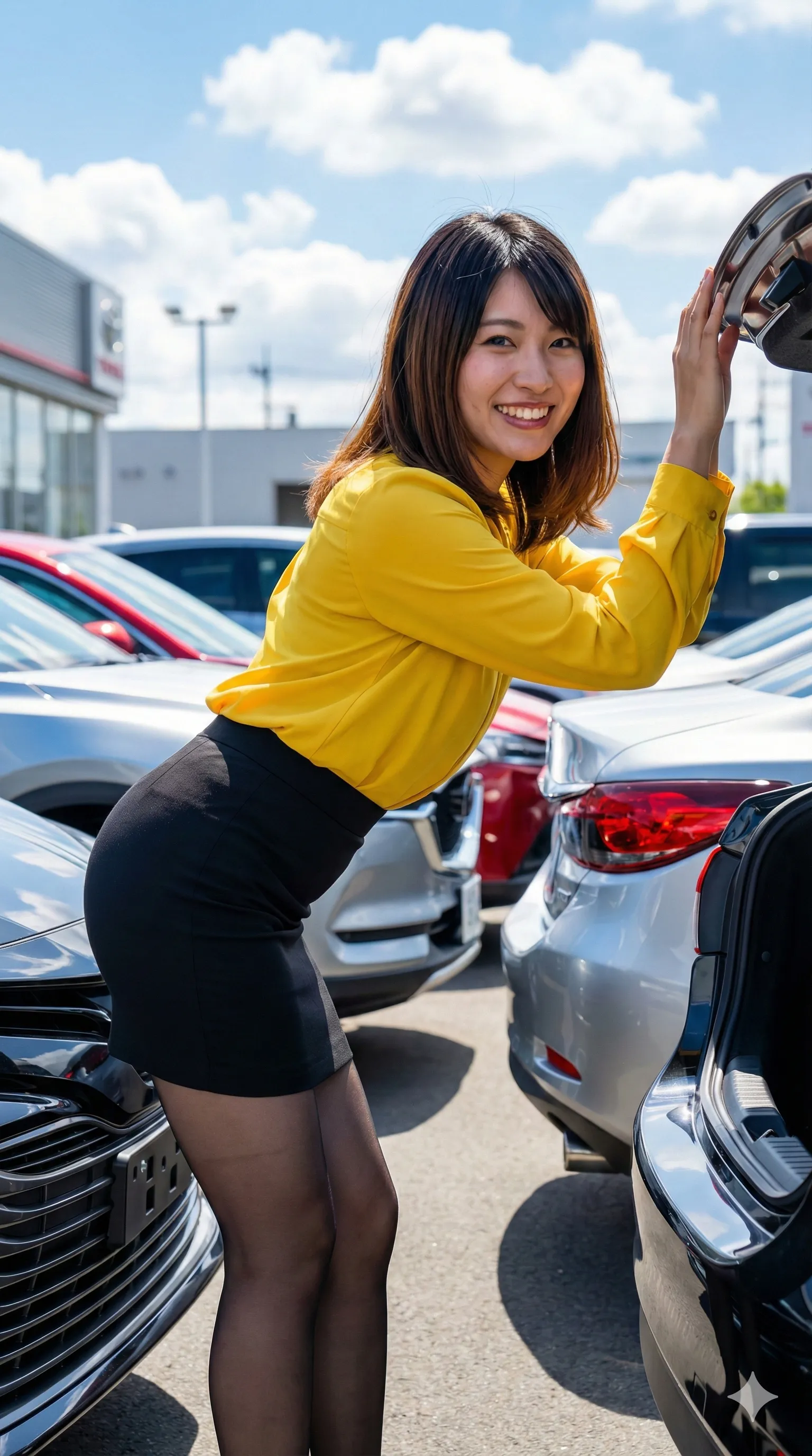 車両のボンネットに映る、逆さのヒップシルエット