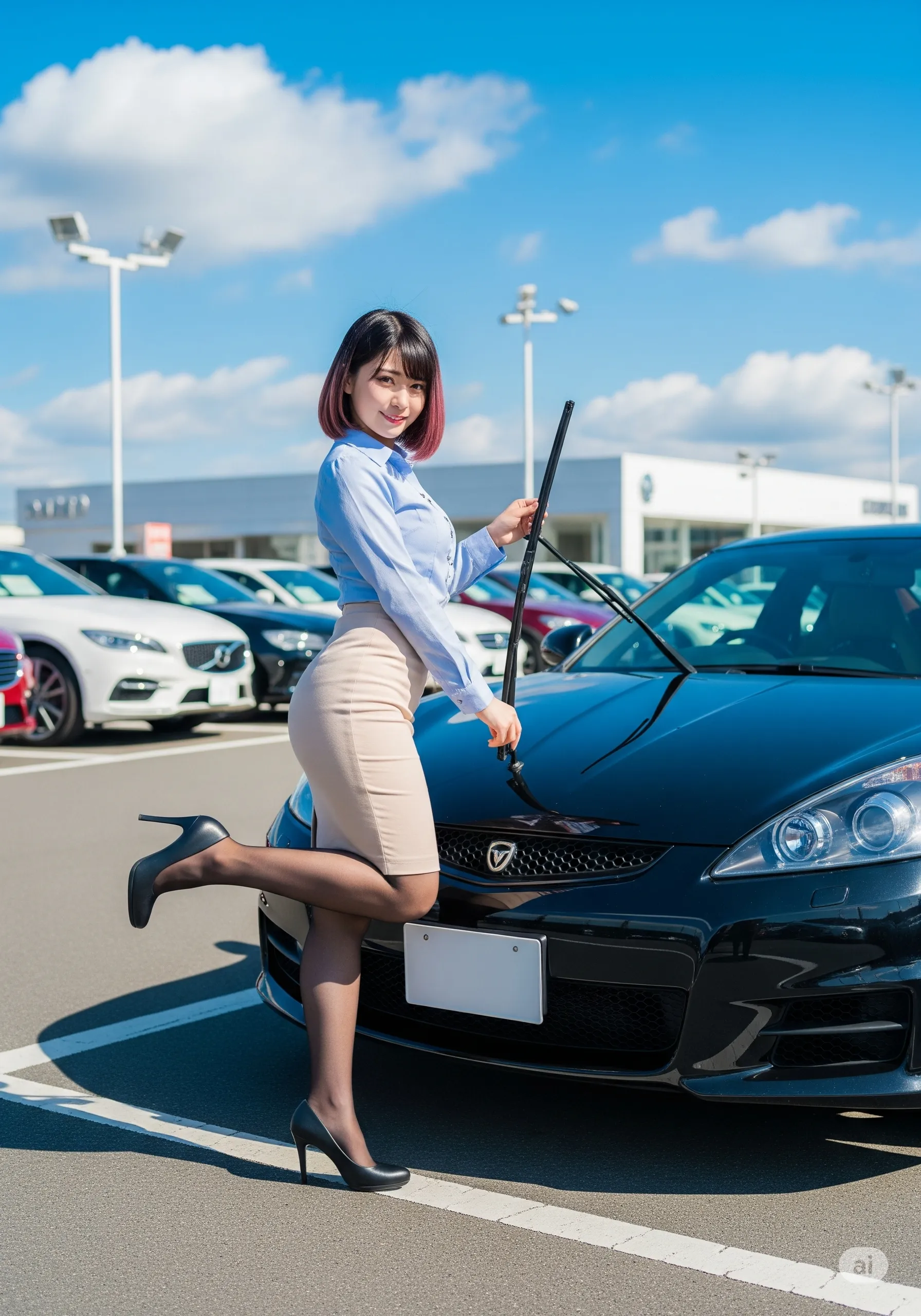 屈んでホイールを拭く瞬間の、無防備なバックアングル