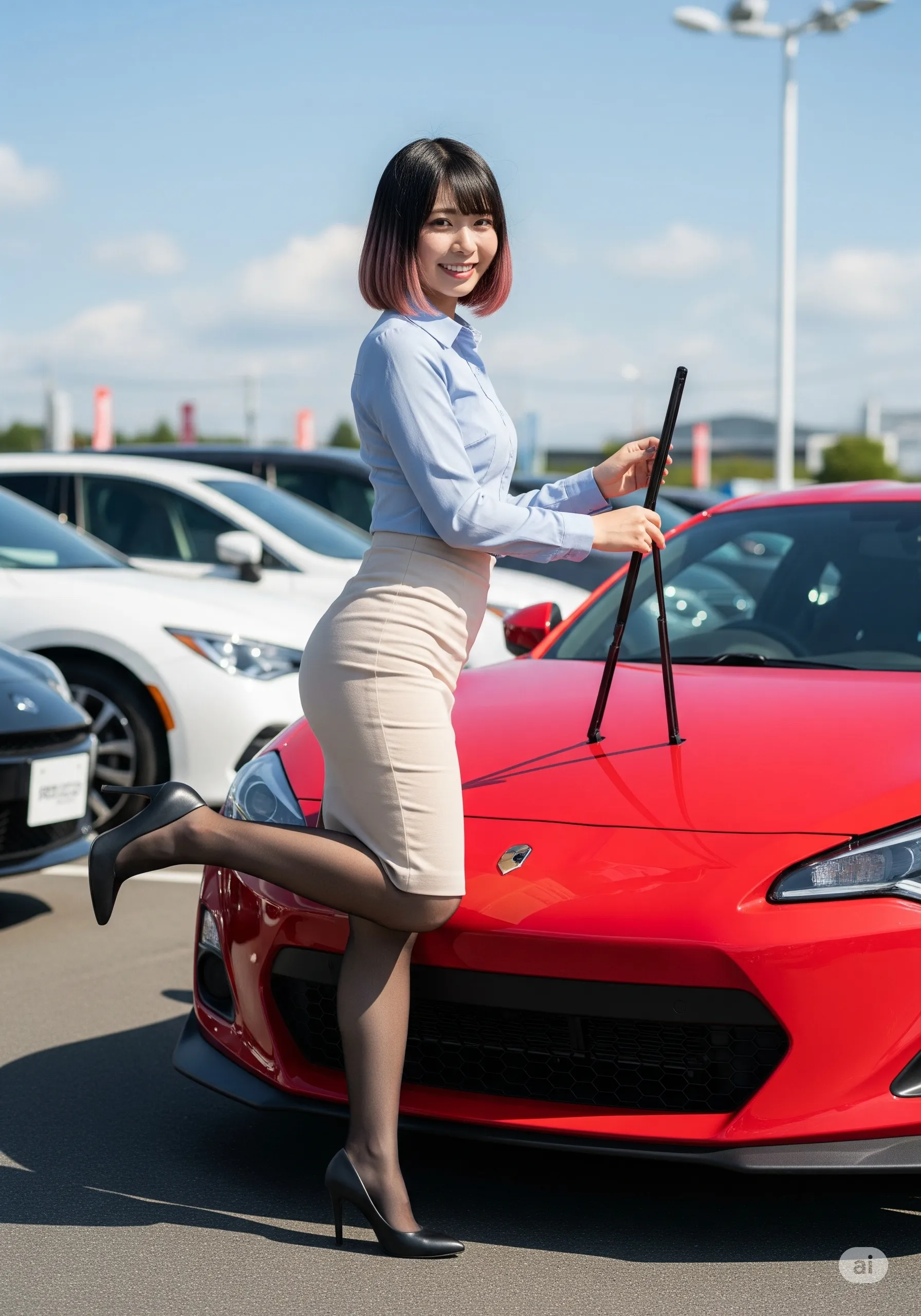 車の陰で独り、身だしなみを整える美女スタッフ