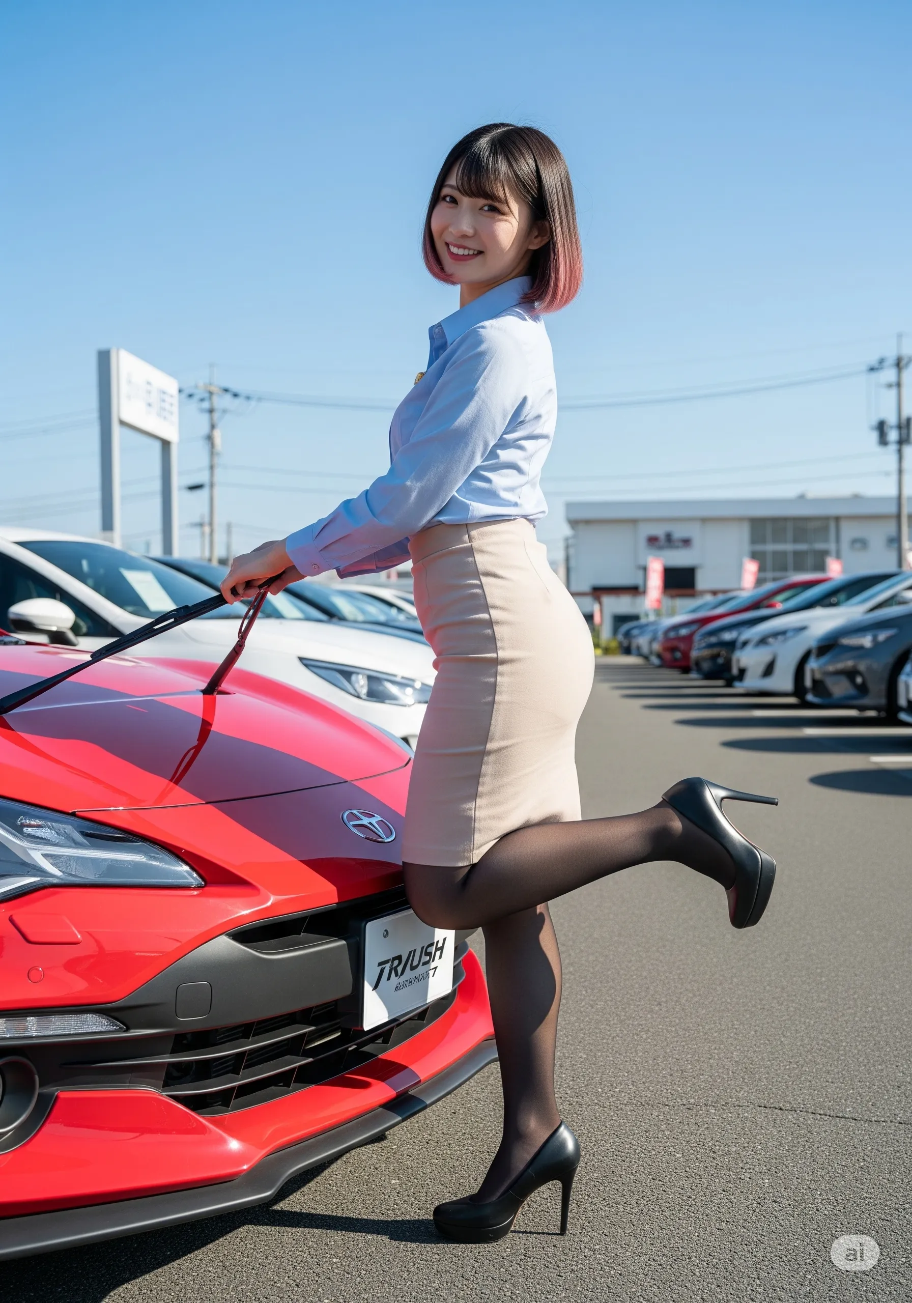 展示車両のドアミラー越しに捉えた、背徳の尻