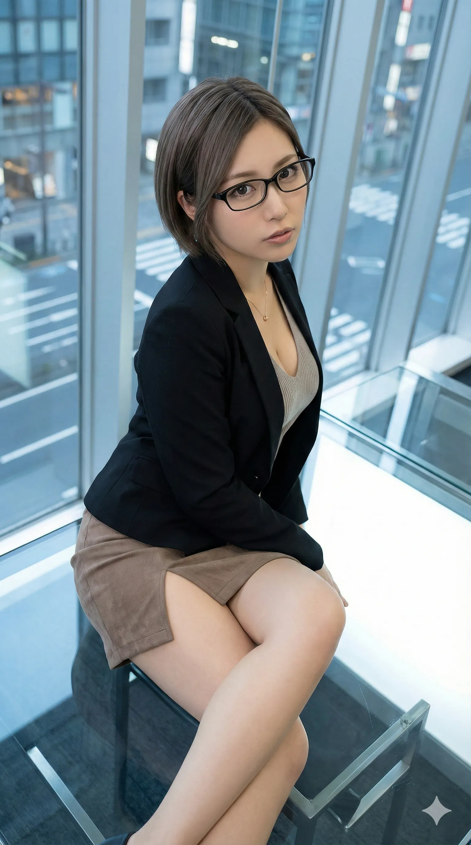 深いVラインのトップスが映える巨乳OLの姿 015