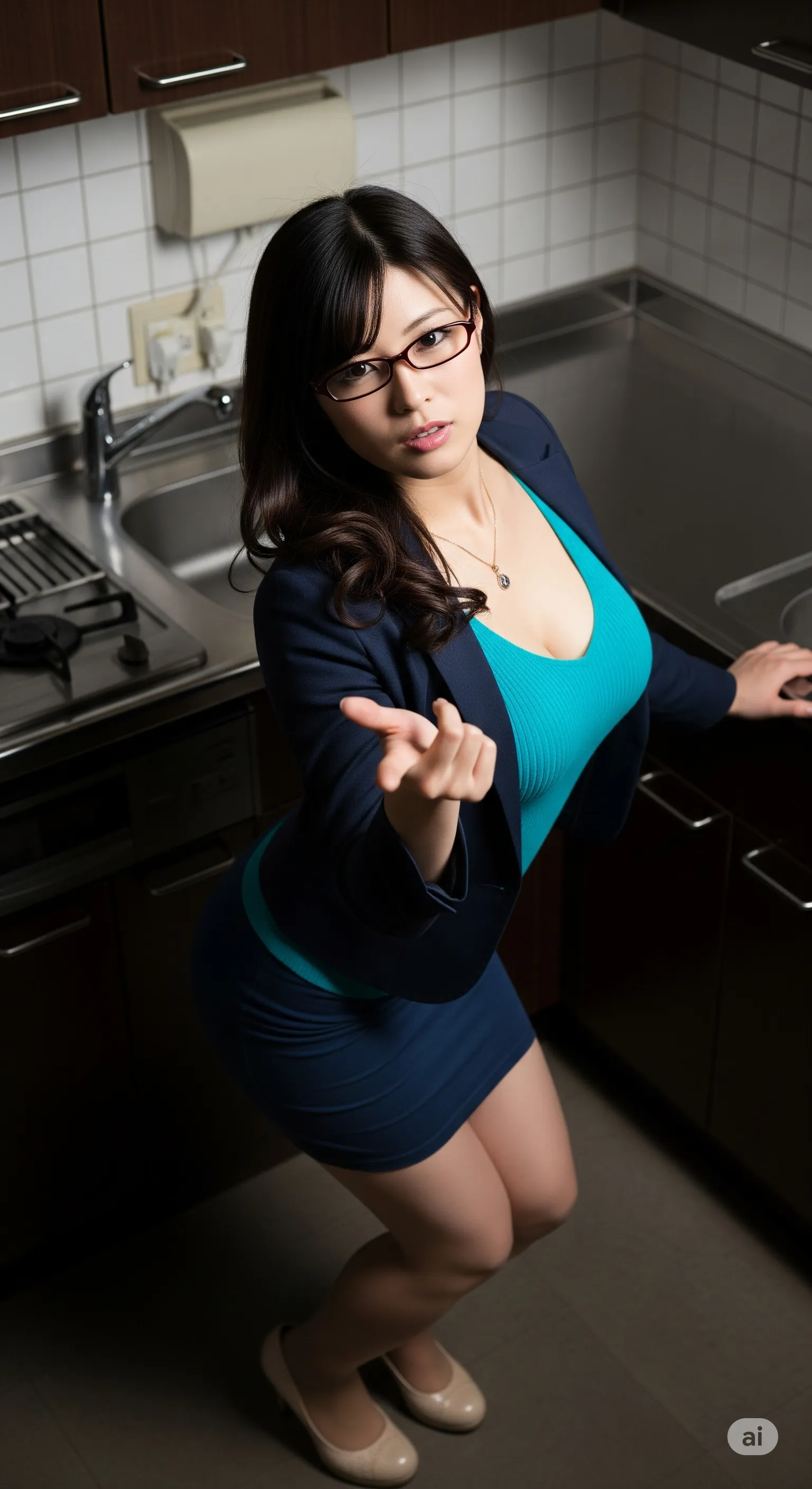 ネイビーのスーツ姿で魅惑的な視線を向ける美女 024