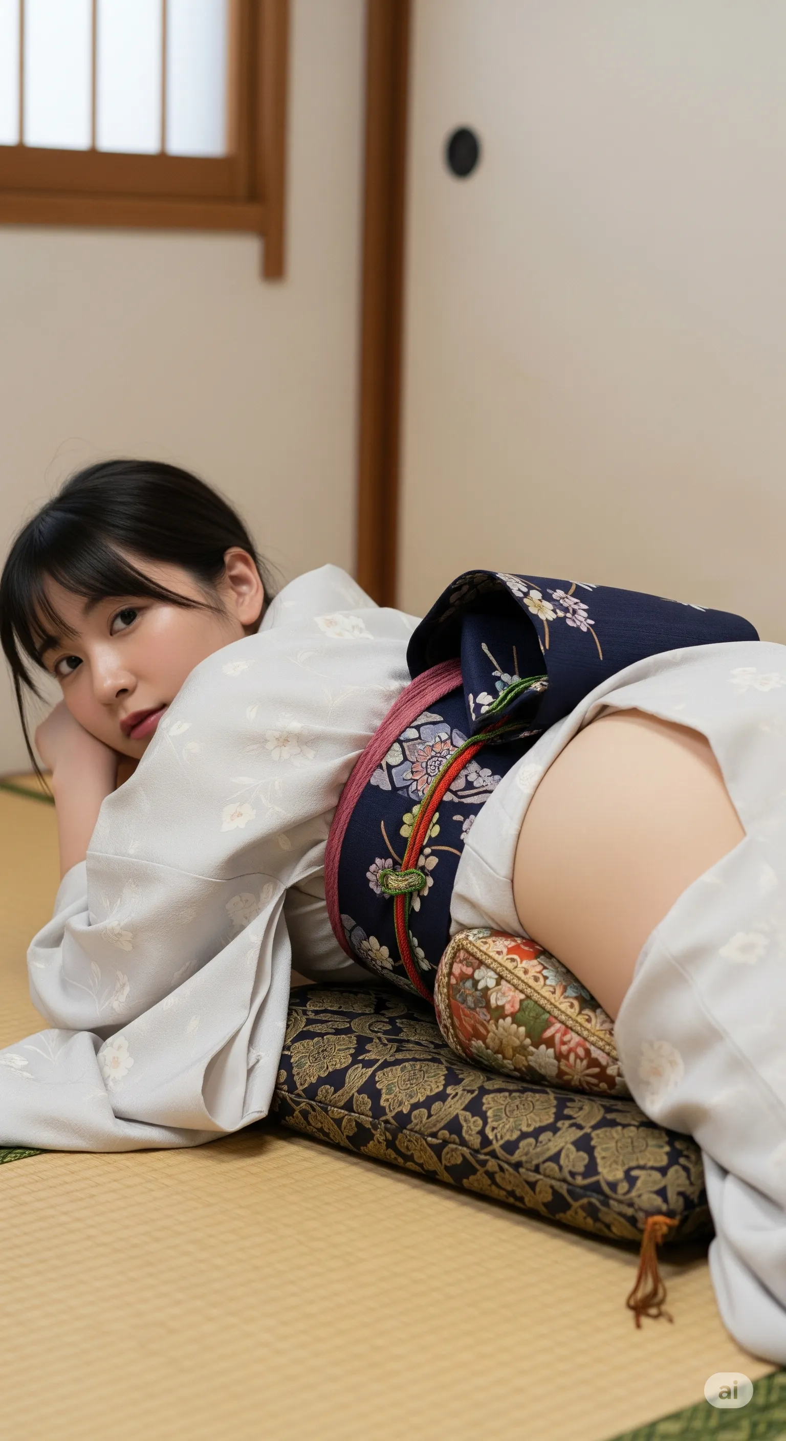 枕にお尻を乗せて高く突き出す挑発的なポージング フェチ写真