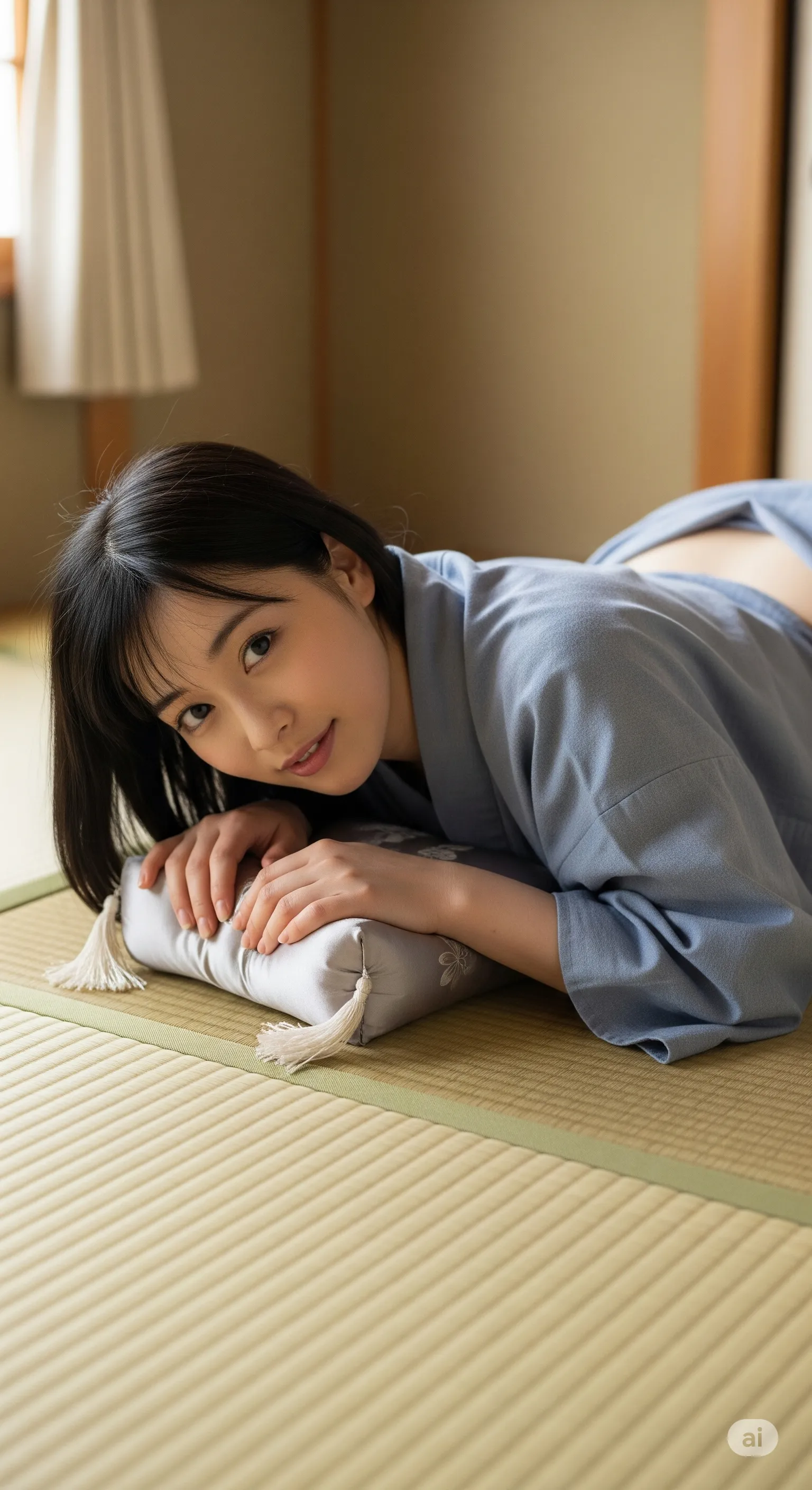 寝そべりポーズのままこちらを見返す濡れた瞳とお尻 エロ画像