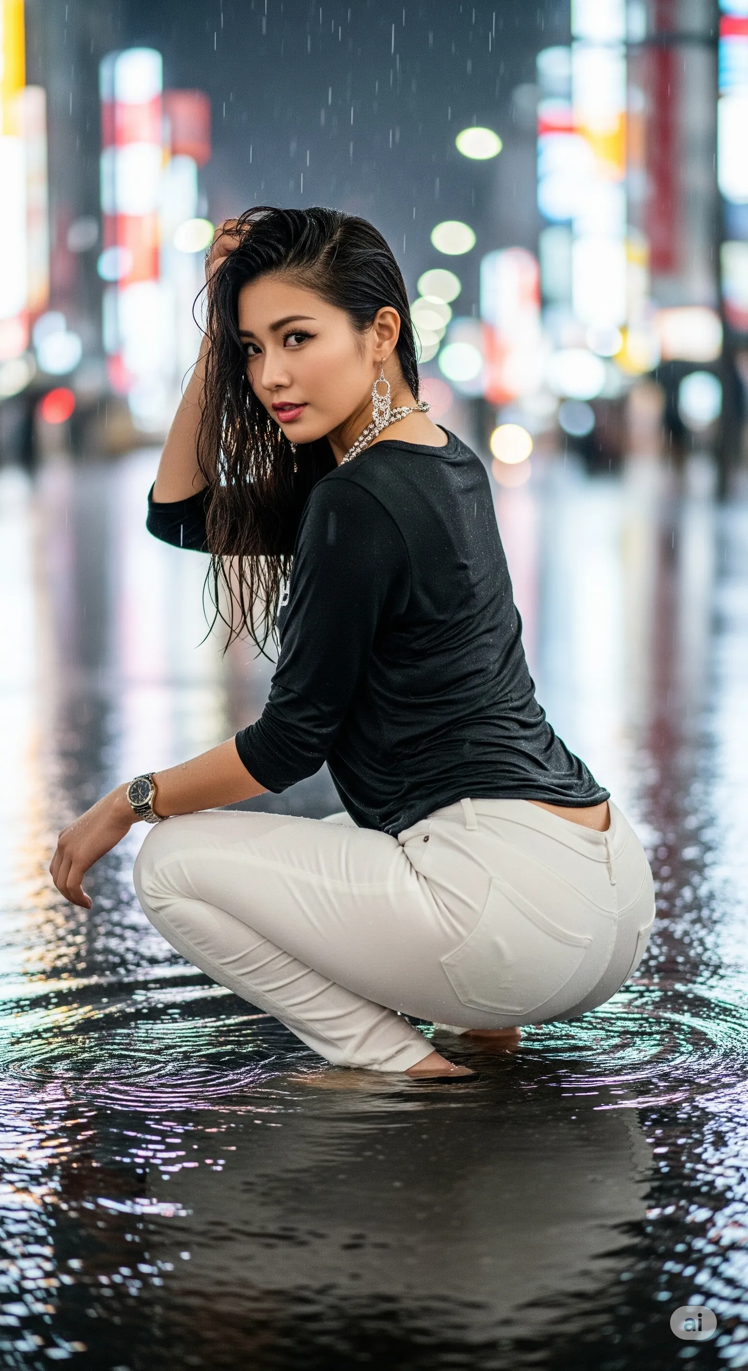 水際でうんこ座りになりお尻のボリュームを強調する黒Tバック美女 高画質