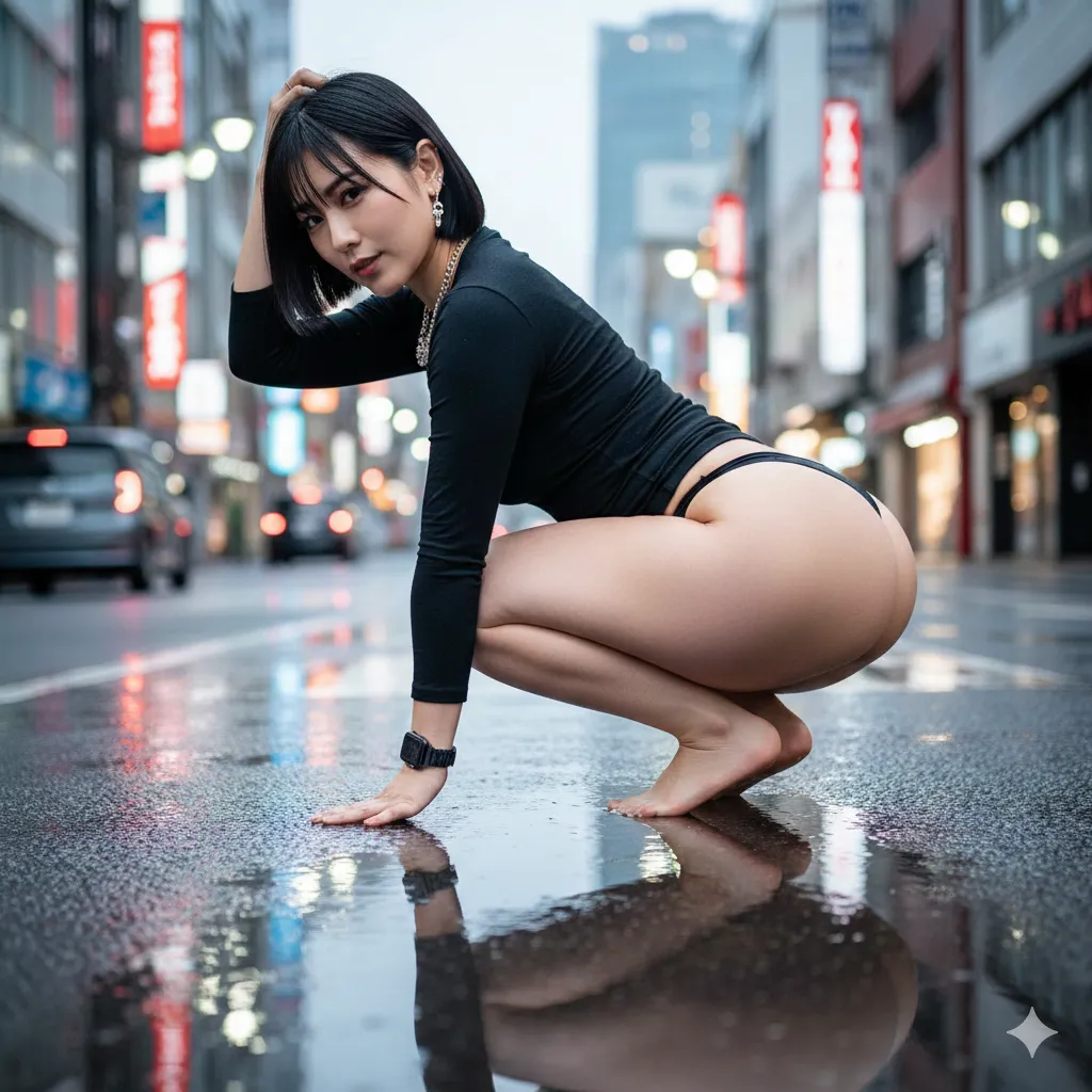 銀色のポール上でバランスを取りながら髪を結ぶ、無防備な尻フェチ画像