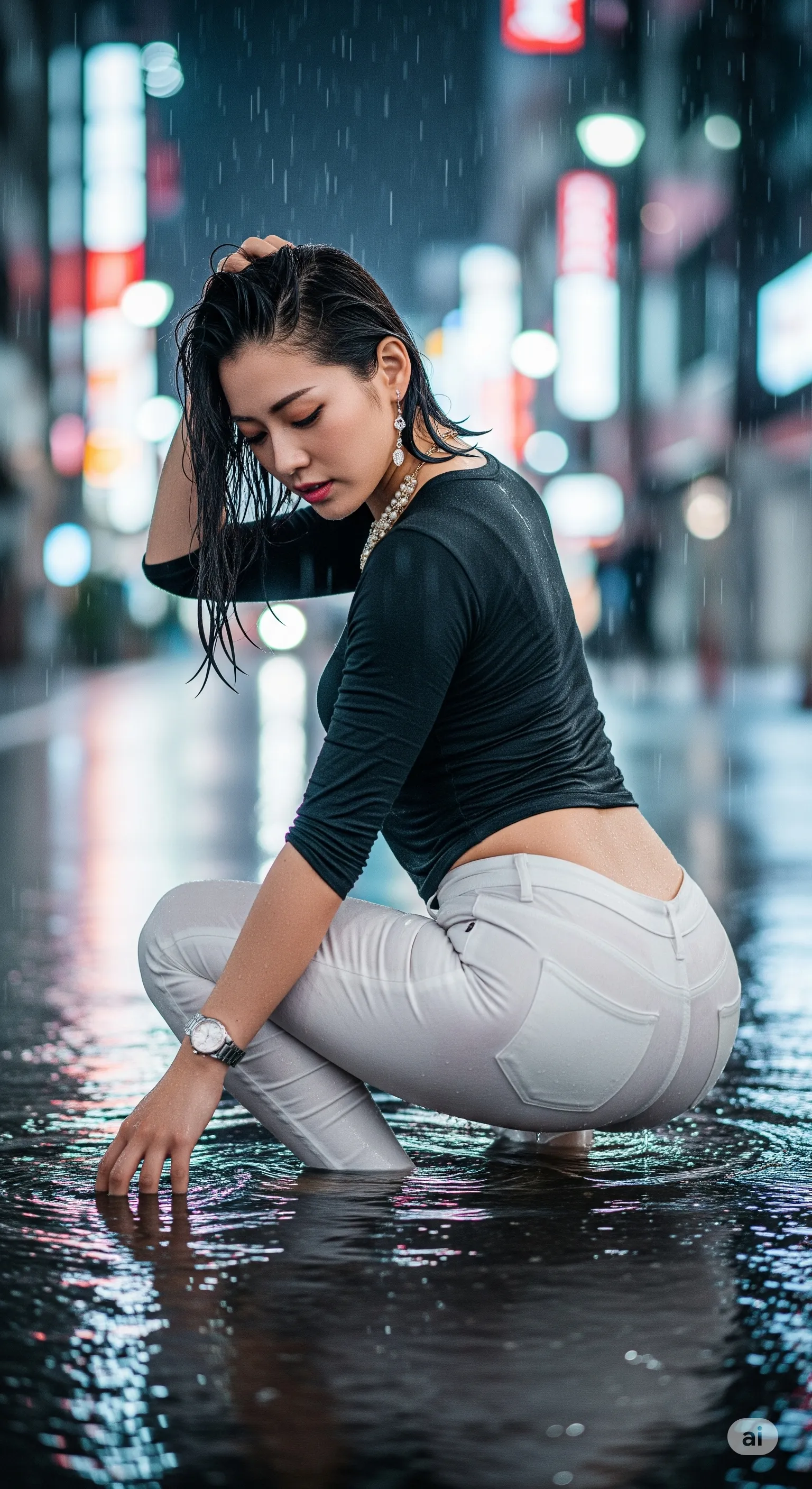 ポールに手を添え、挑発的なポージングで見せつける美尻フェチ画像