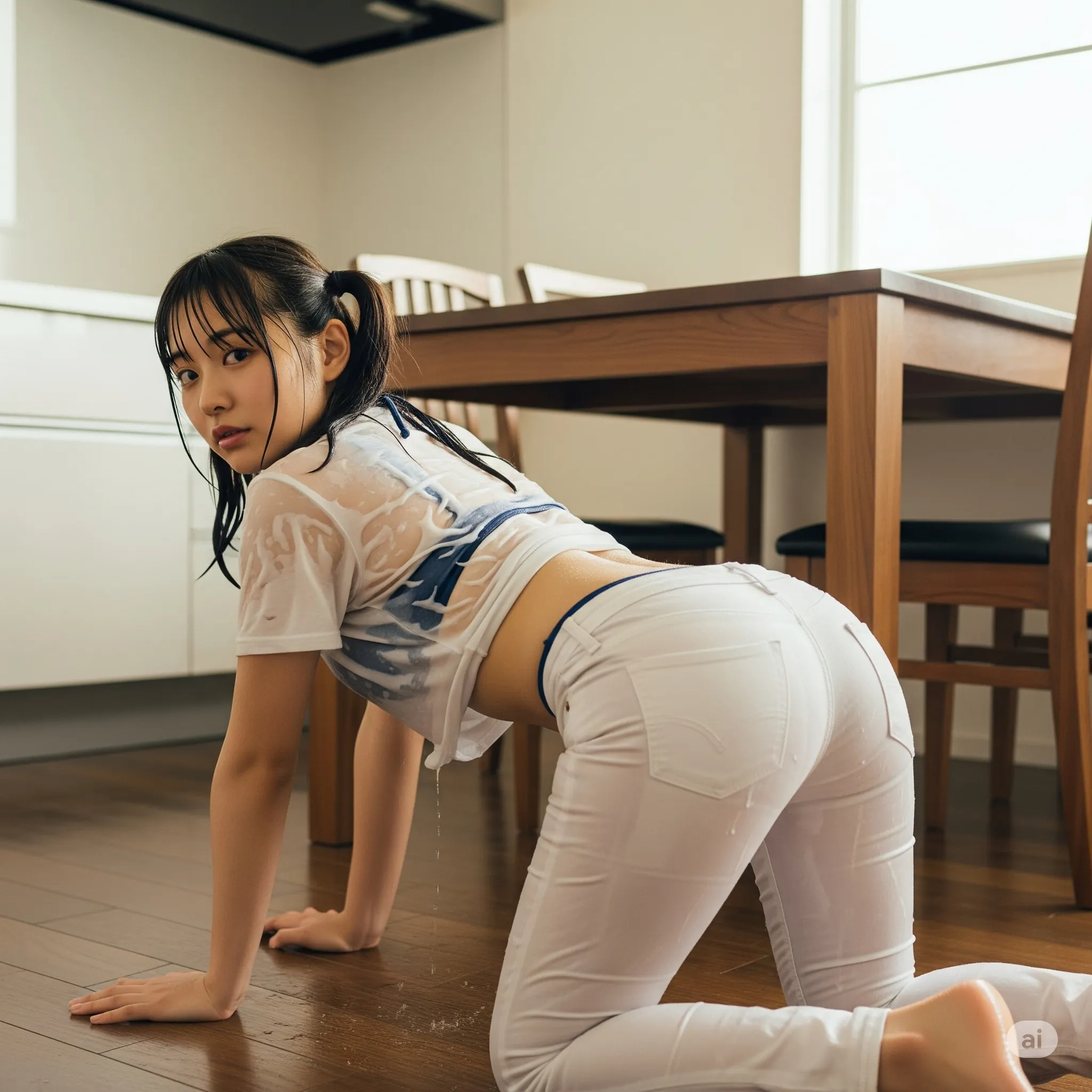 白ピタパンが濡れて透け感を帯びるフェチショット