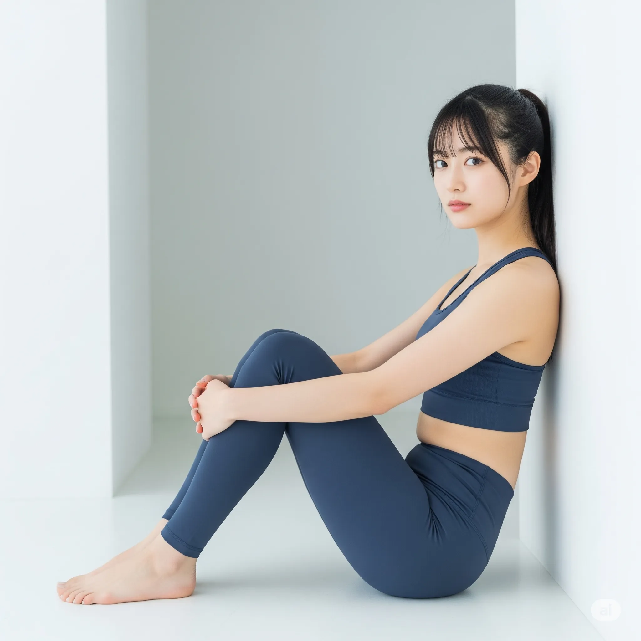 壁ヨガポーズで伸びる太ももと美尻ライン