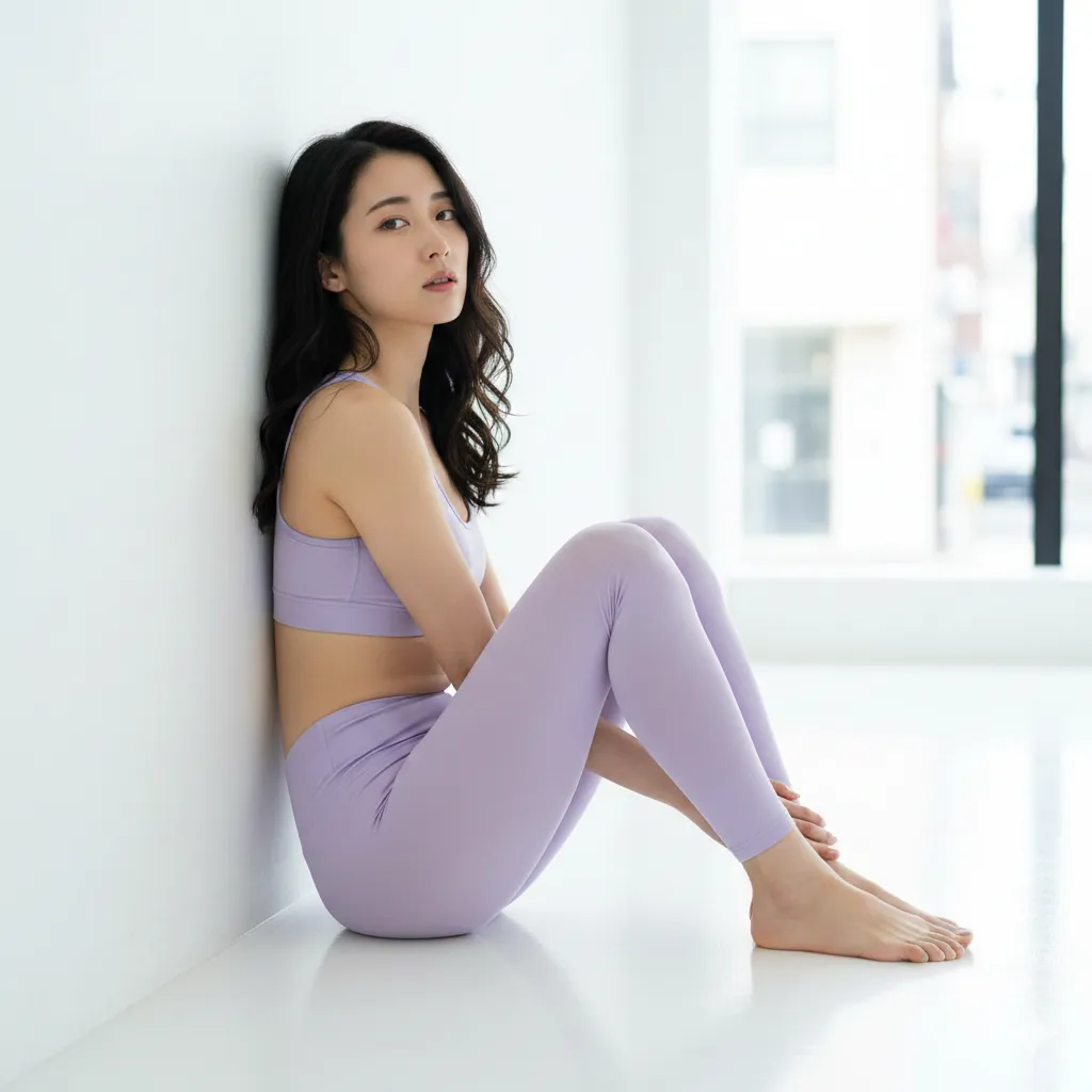 壁に寄りかかる姿勢で引き立つ美脚・美尻