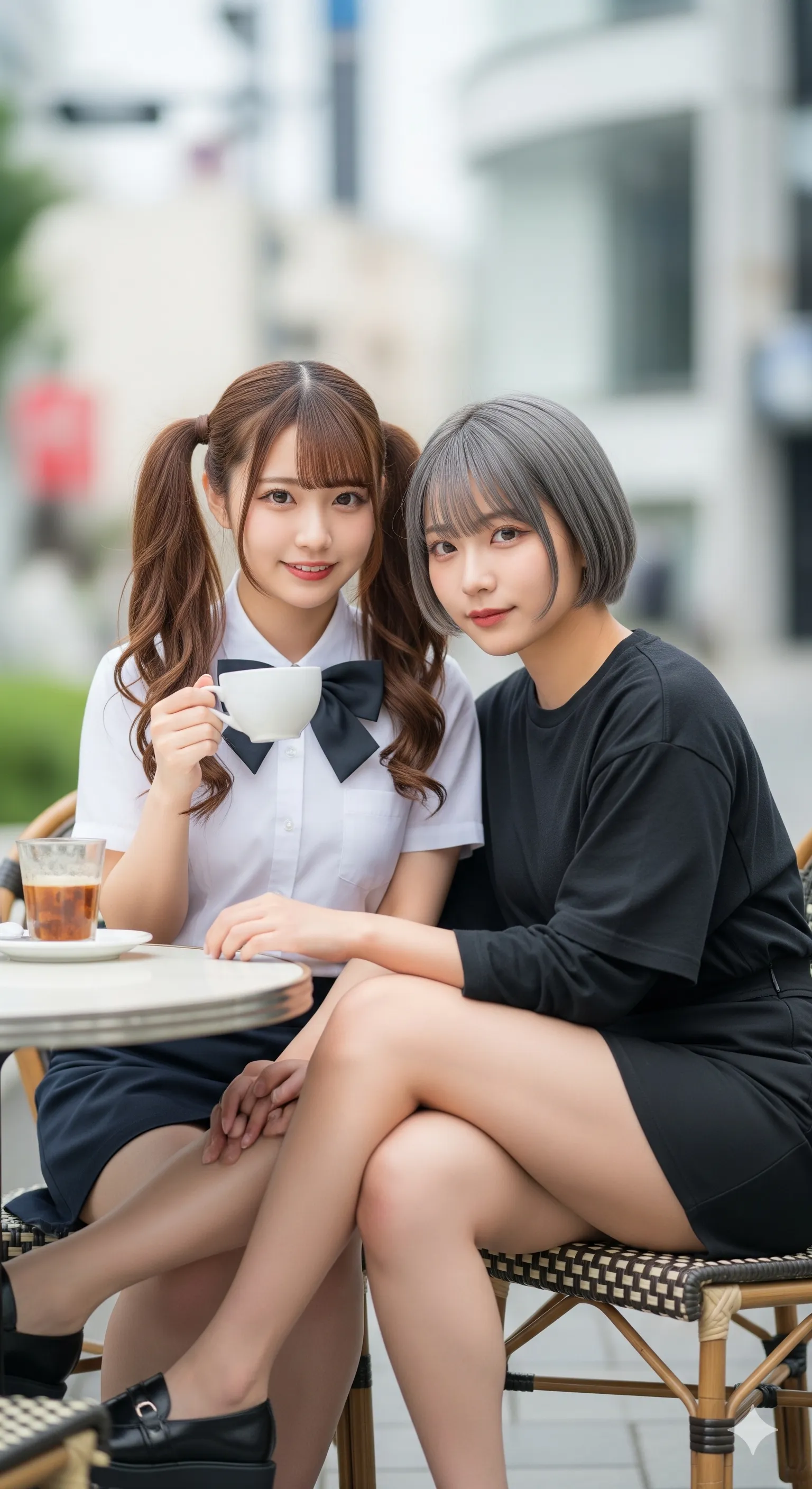 街角でポーズを決める私服姿の20代前半美女コンビ