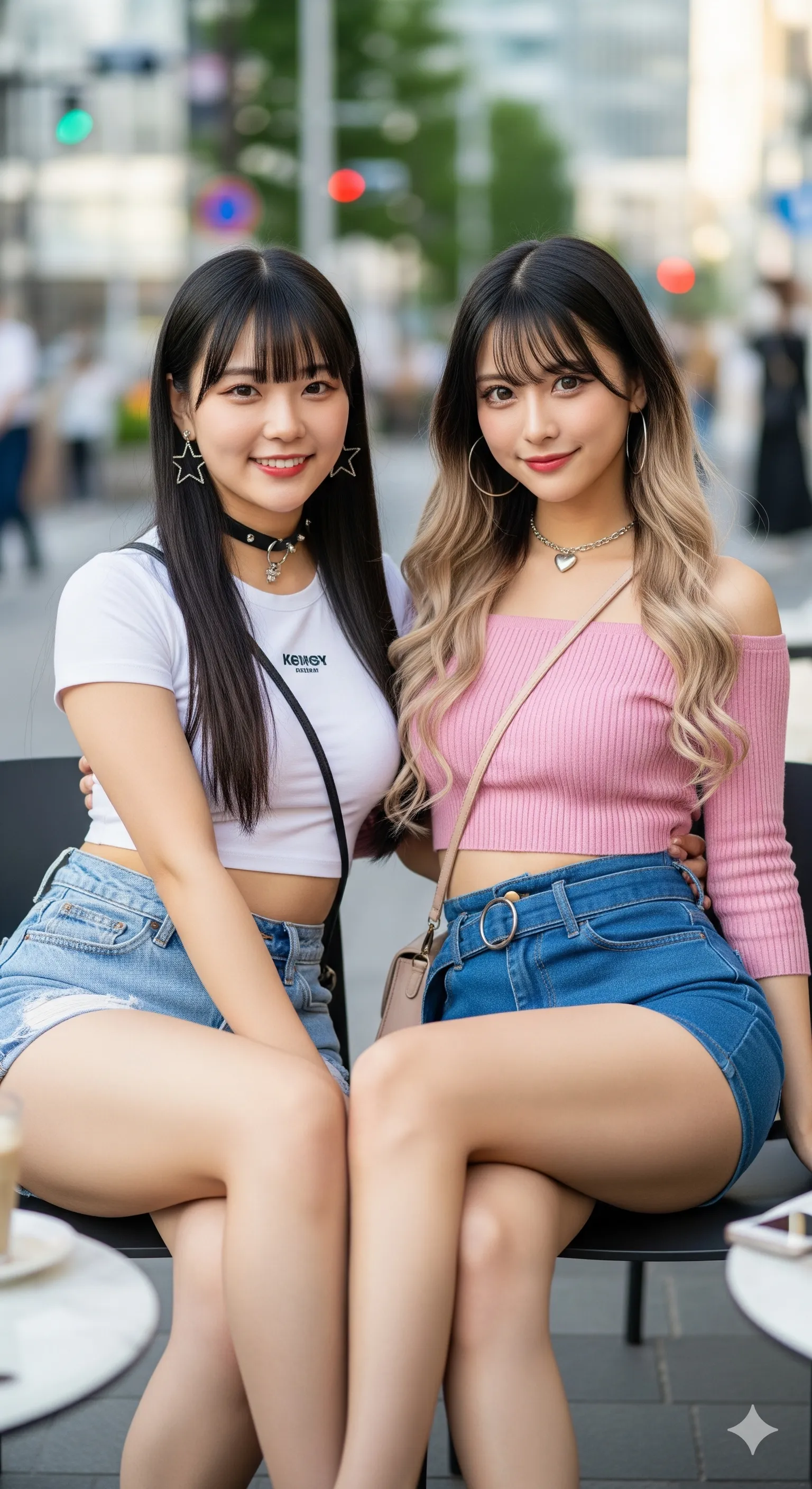 カフェのテラス席で脚を組み、リラックスする美女スナップ