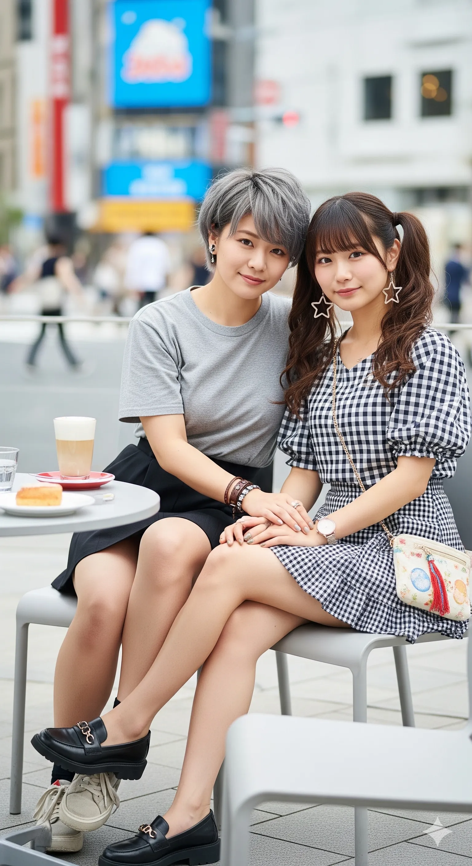 手を繋いで歩く2人、背後から捉えた双子のような美尻