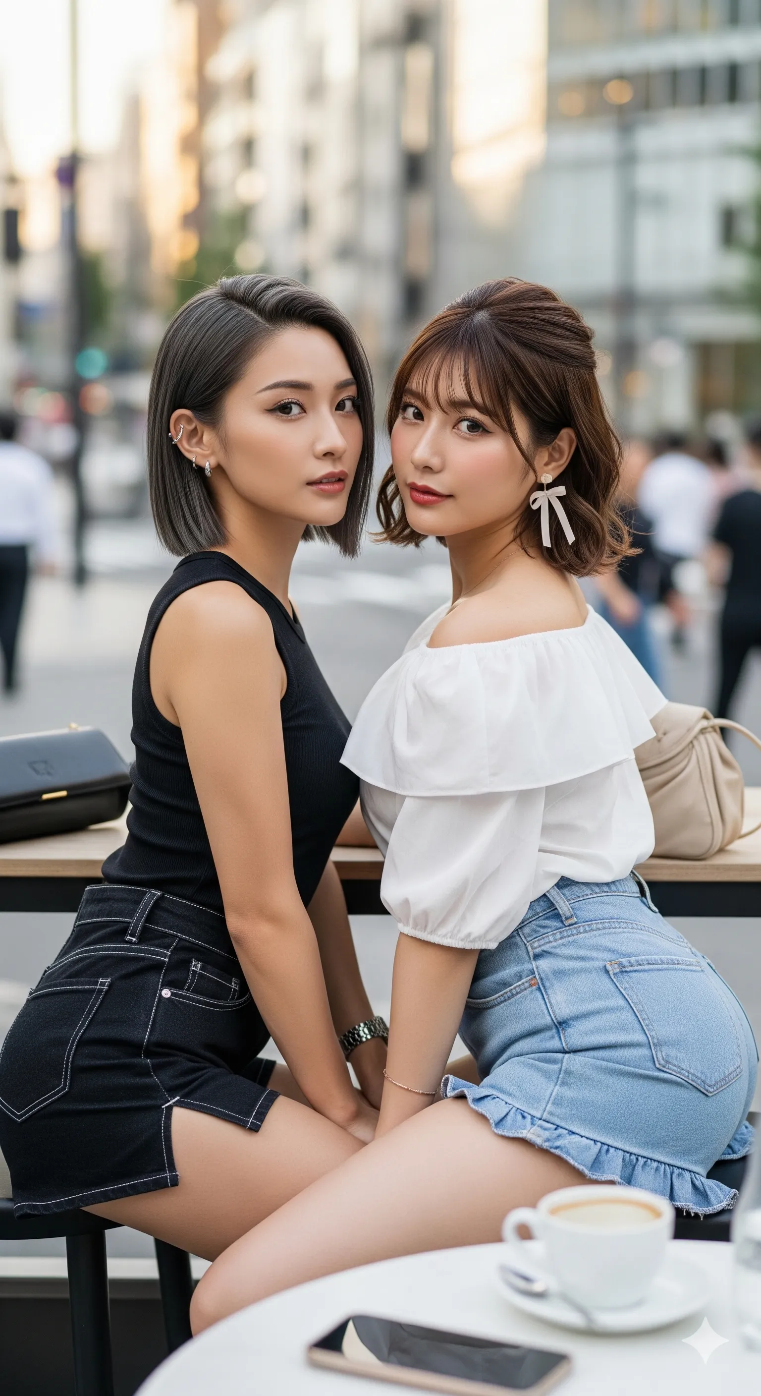 横並びで座る2人の、食い込んだ服のラインと尻フェチ