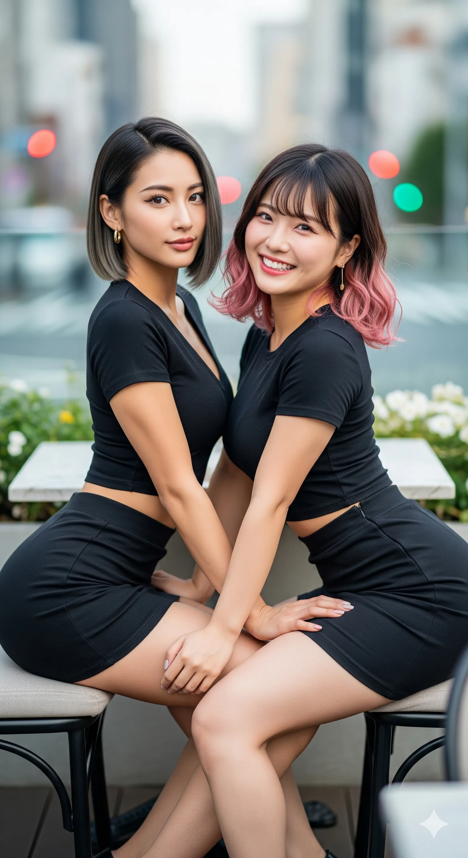 夜の街に溶け込む、私服美女コンビの妖艶なスナップ