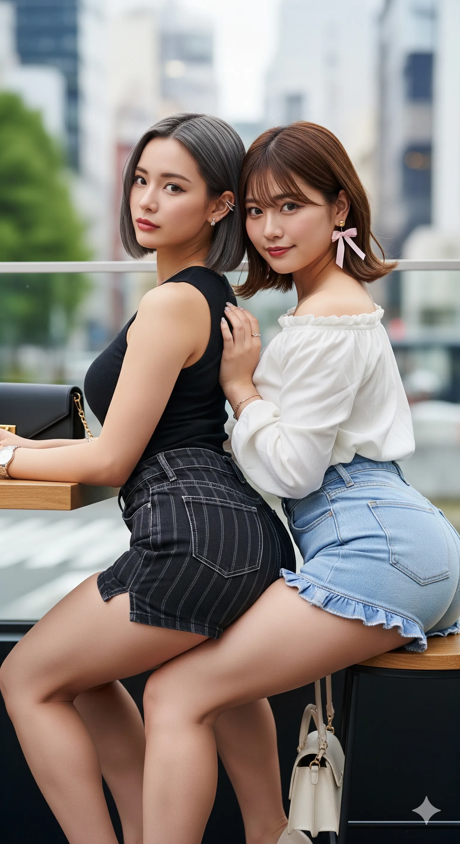 街角のベンチで脚を投げ出し、美脚を魅せ付ける二人