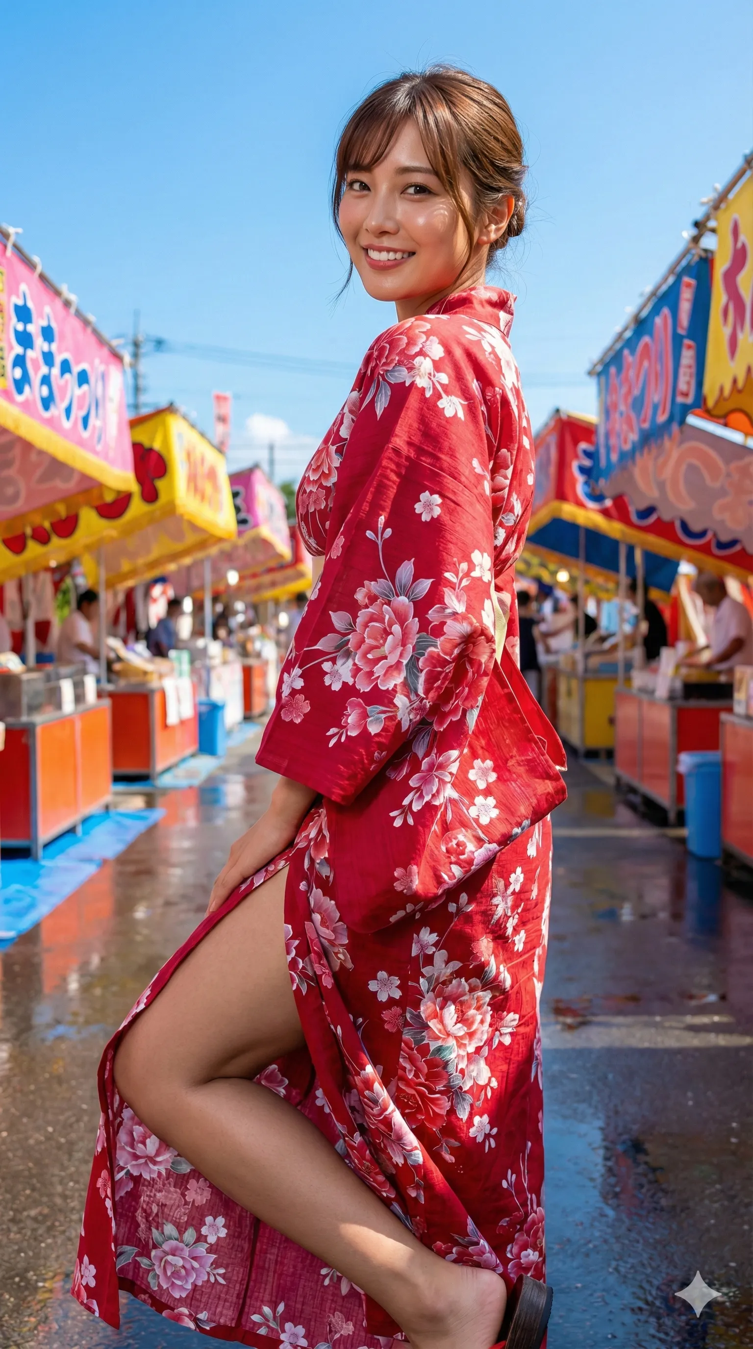 屋台の光に照らされ太ももが浮かび上がる浴衣美人 004