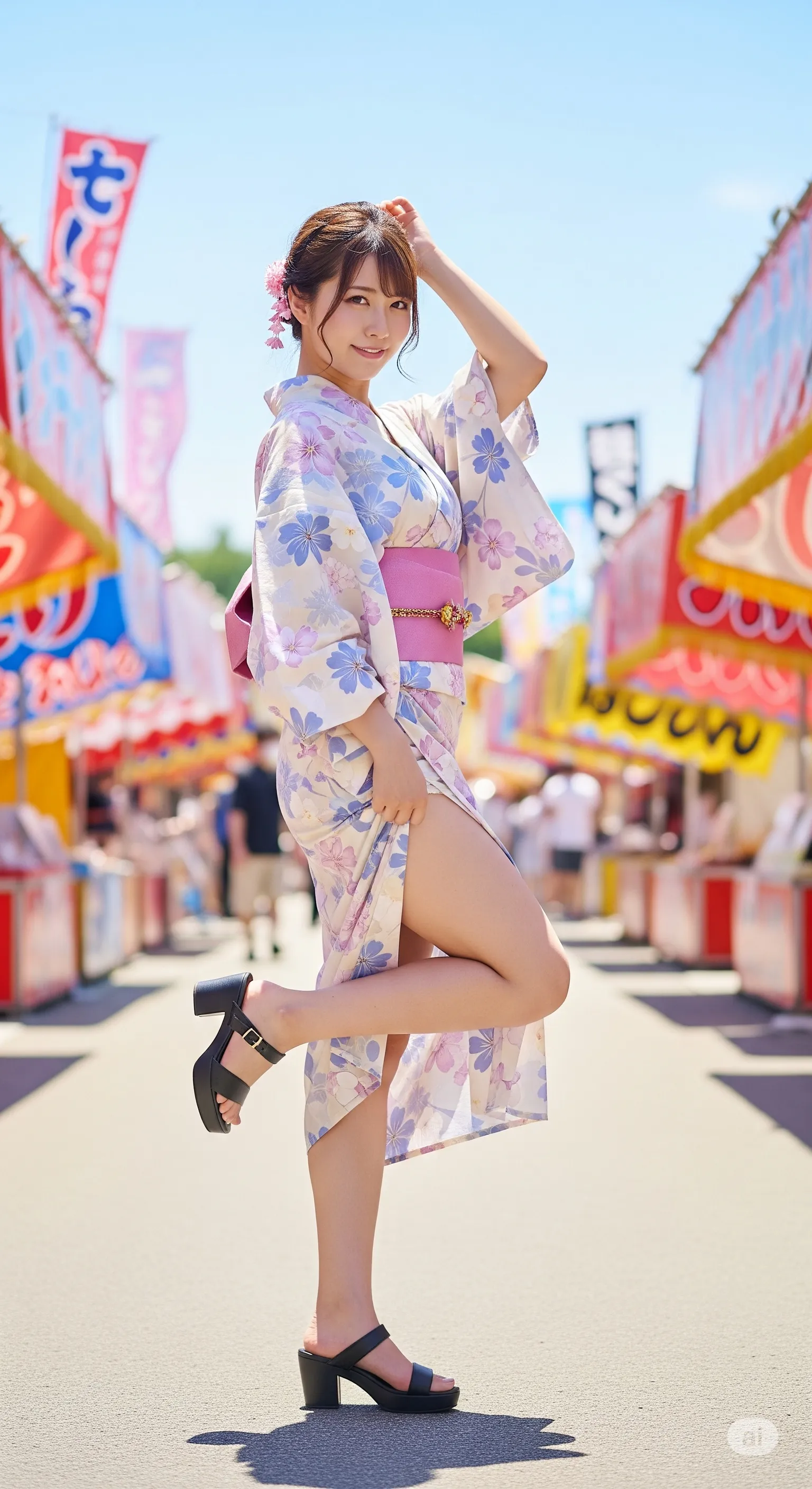 屋台の前でしゃがむ浴衣美女の太ももフェチ画像 011