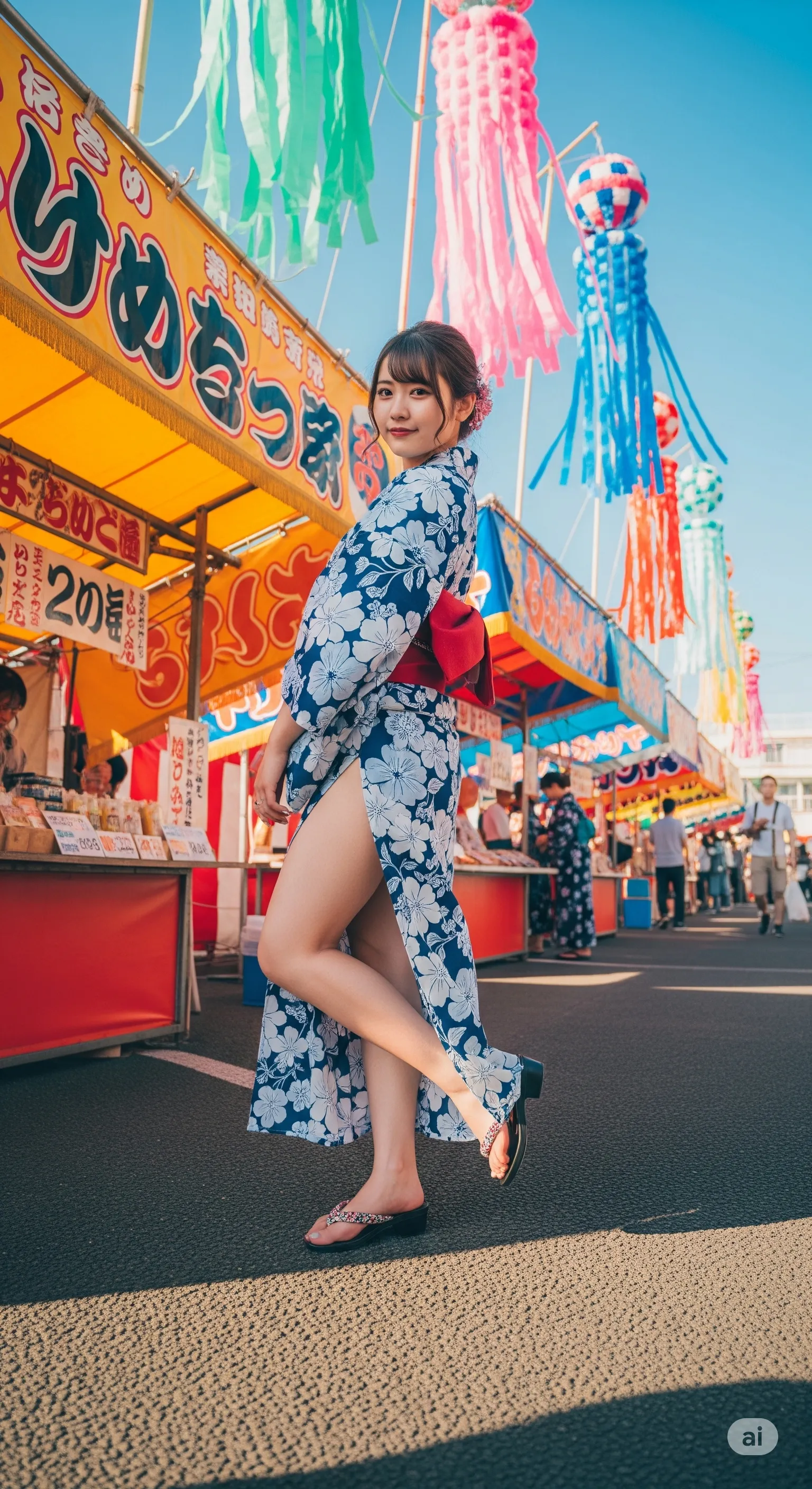 夏祭りの雑踏で浴衣美女が振り返る脚見せカット 013