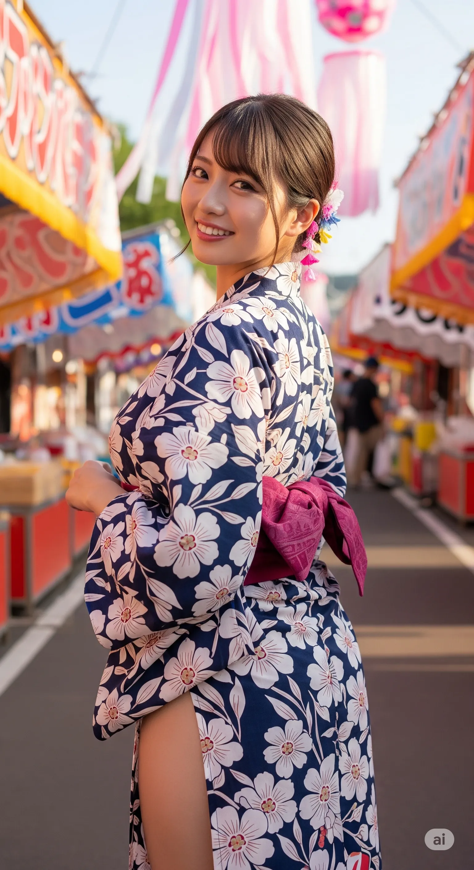 屋台の灯りが浴衣の裾と太ももを艶やかに照らす 015