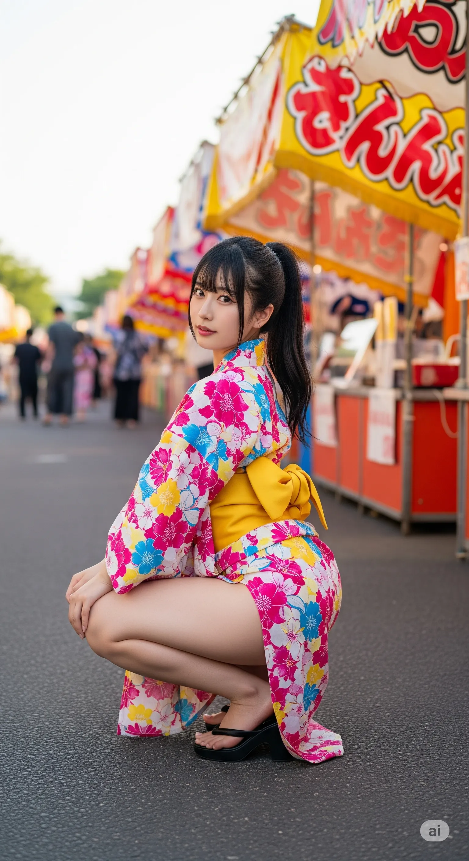 浴衣美女がゆったり座り太ももが大胆に露出する 016