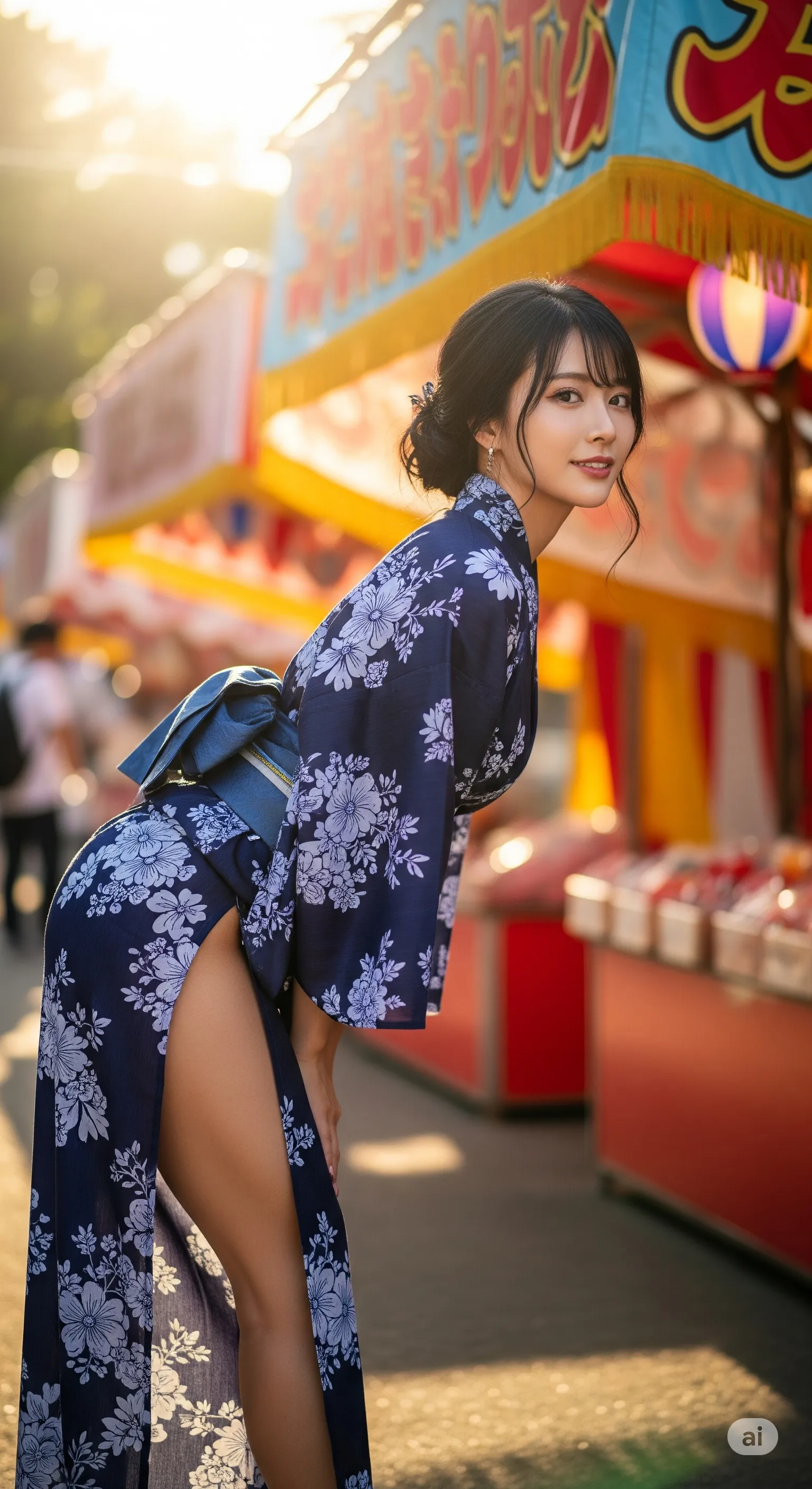 浴衣の裾が横に流れ太ももラインが露わになるカット 018