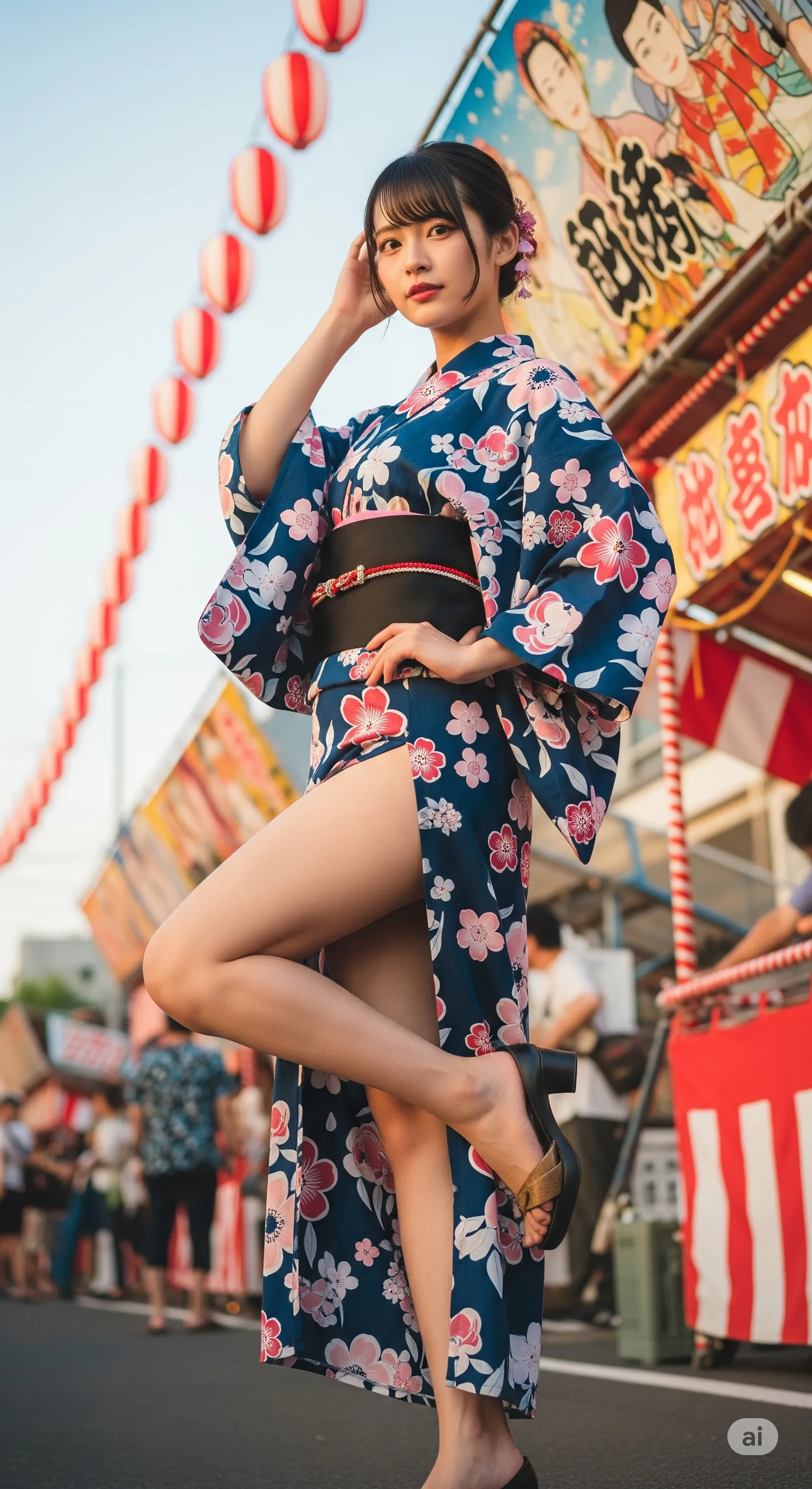 浴衣美女が屋台横で微笑みながら脚を見せるショット 020